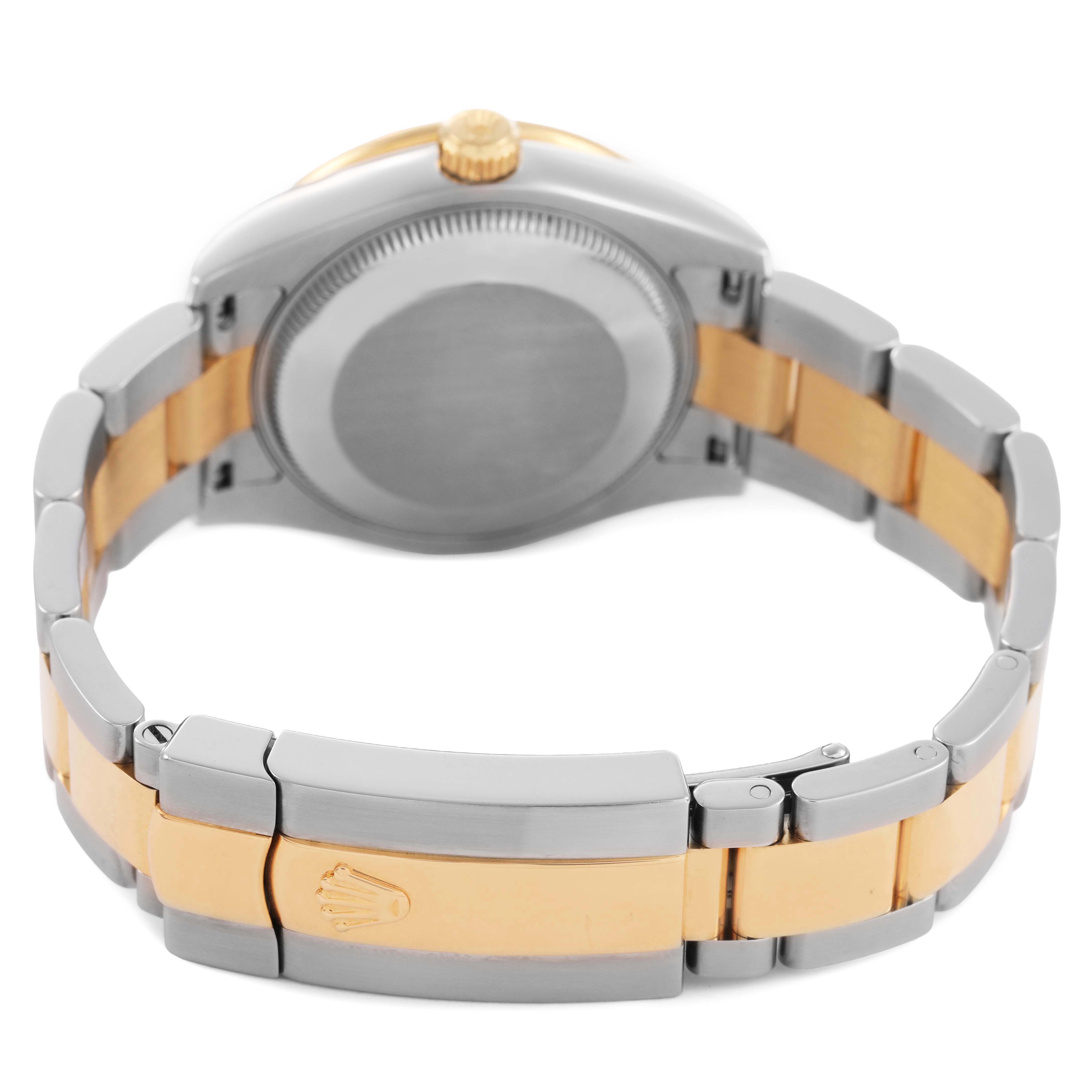 The image shows the backside of a Rolex Datejust 178383 Women's Steel and Gold (two tone) Black Dial watch, highlighting the bracelet and clasp.