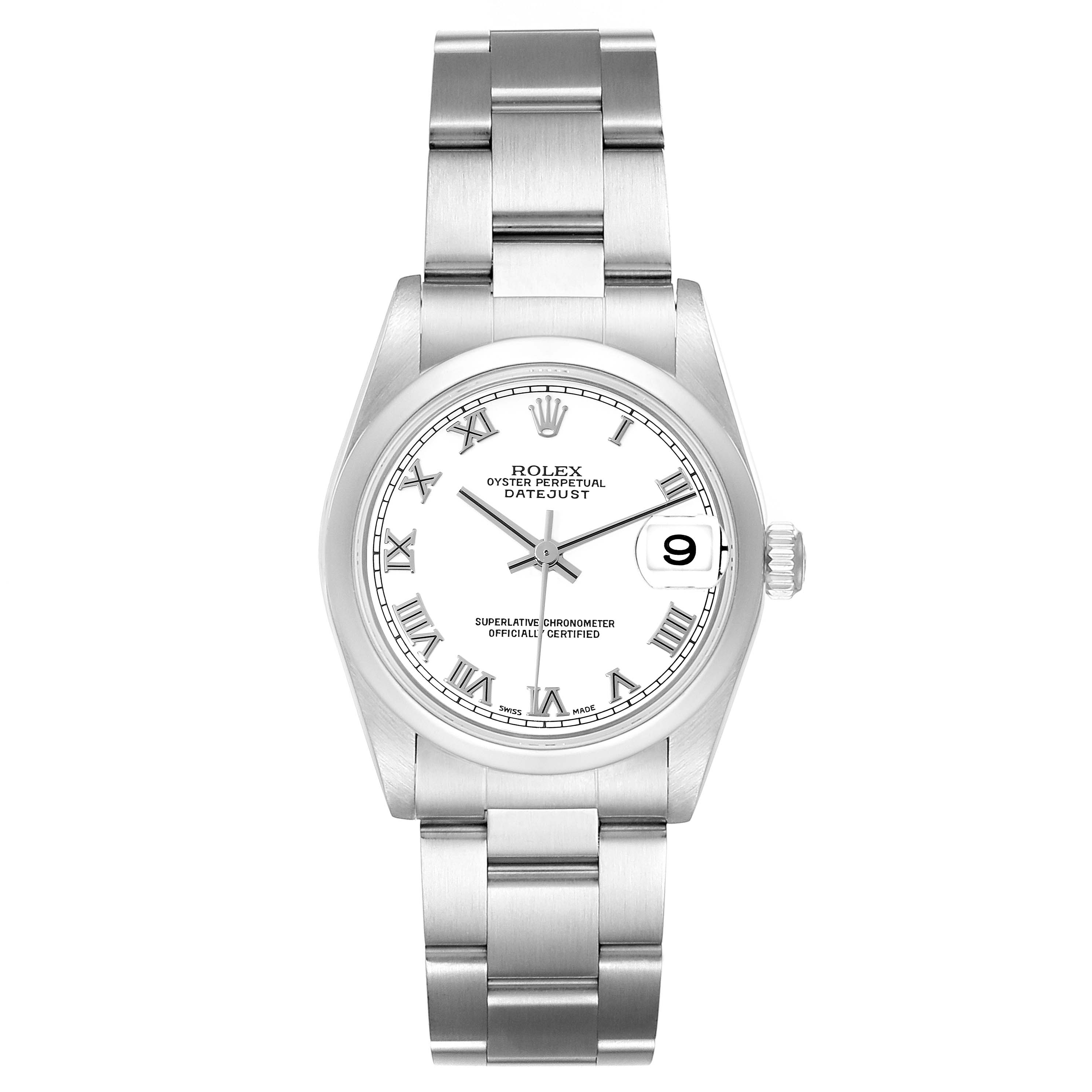 The image shows a front view of a Rolex Mid-Size 78240 Women's Stainless Steel White Dial 78240 Women's Stainless Steel White Dial Datejust watch, displaying the face, bezel, crown, and bracelet.