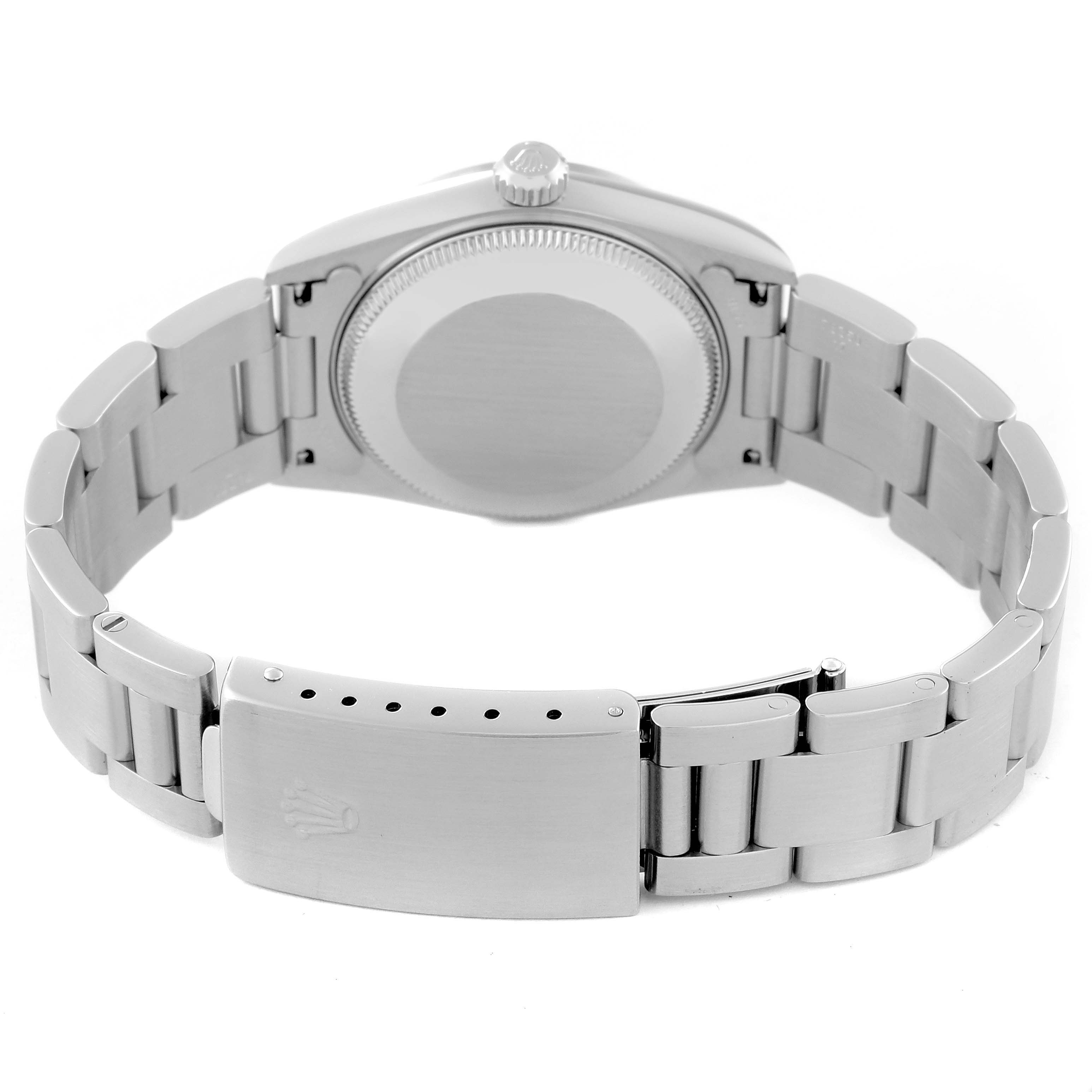 The image shows the rear and bracelet clasp of a Rolex Mid-Size 78240 Women's Stainless Steel White Dial 78240 Women's Stainless Steel White Dial model watch, focusing on the case back and metal bracelet.