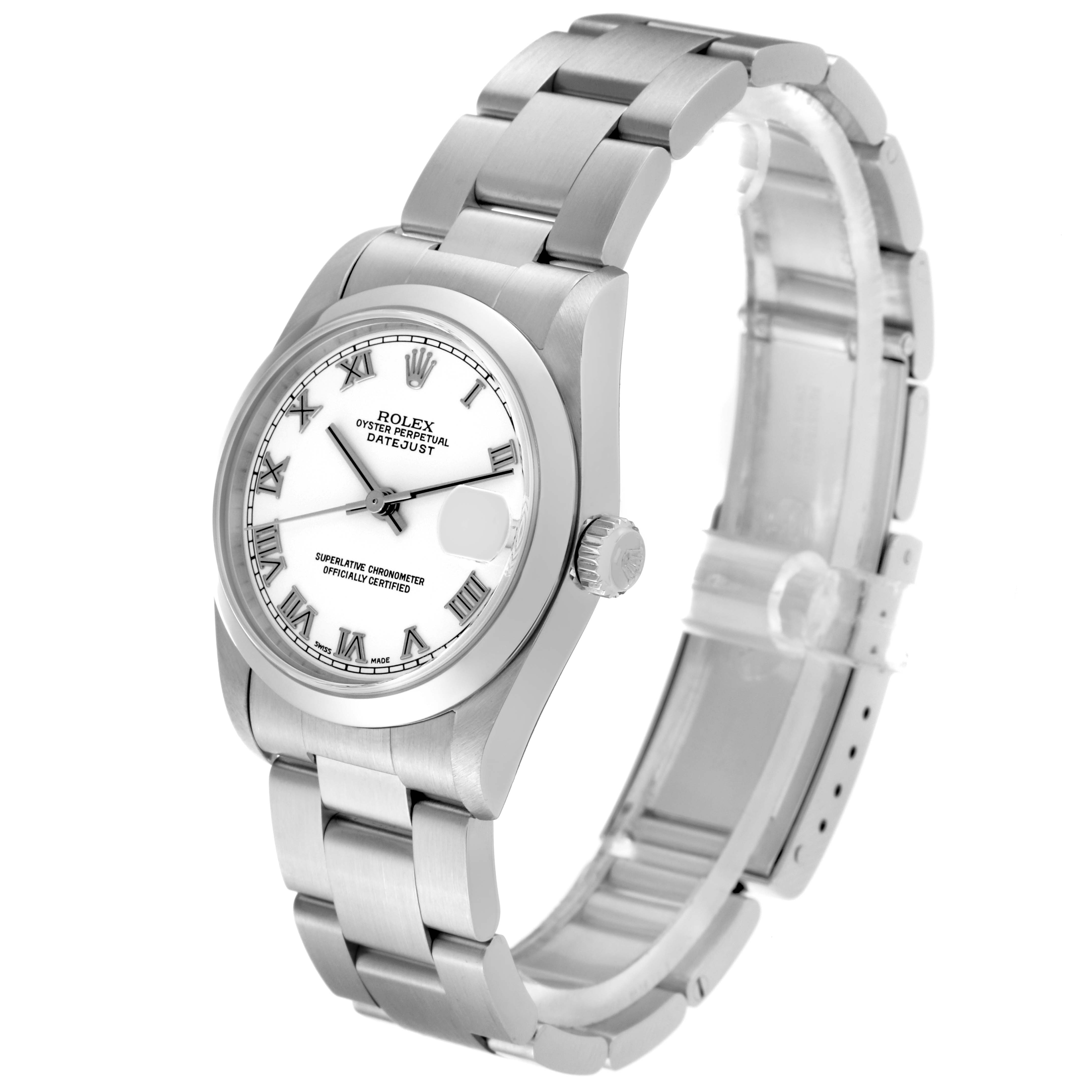The image shows a Mid-Size Rolex Oyster Perpetual Datejust watch angled to highlight the face, bezel, and bracelet.