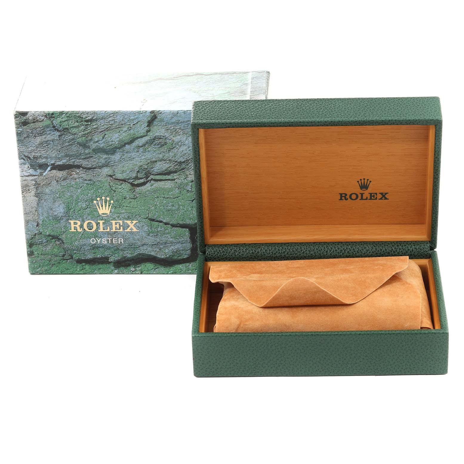 The image shows a Rolex Oyster box open at an angle, revealing a suede watch cushion inside.
