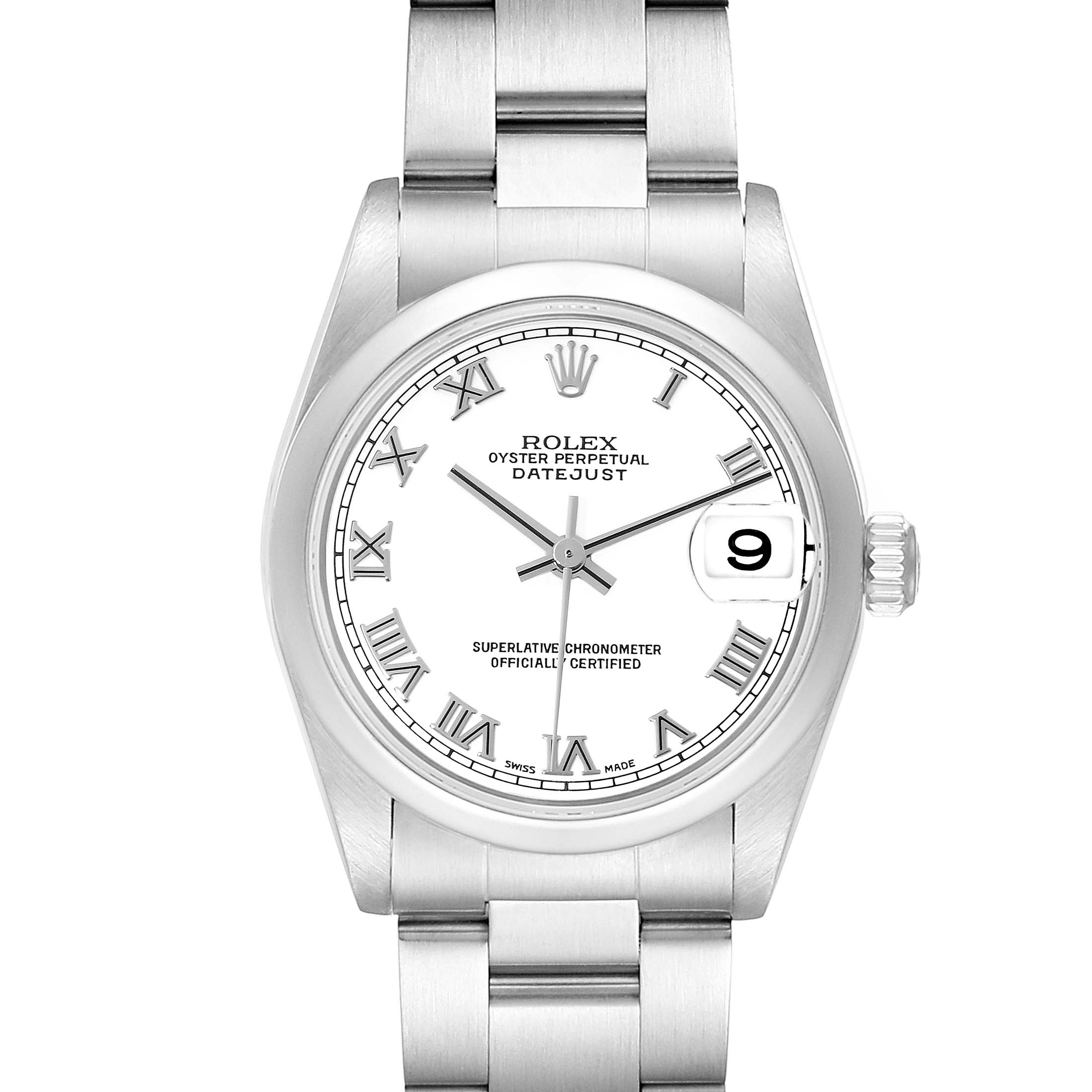 The image shows a front view of the Rolex Datejust Mid-Size watch, highlighting the dial, hands, date window, and bracelet.