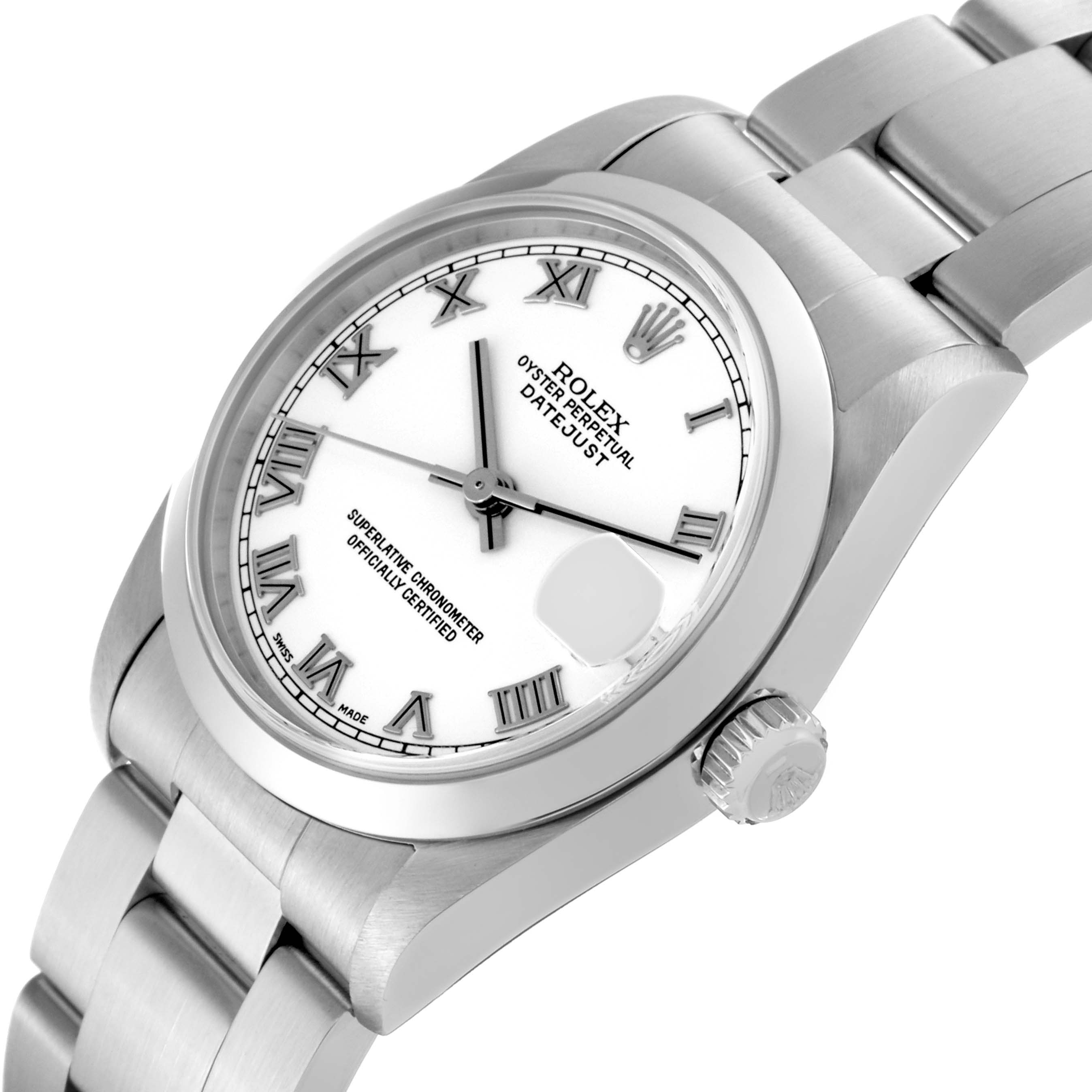 This image shows a Rolex Datejust Mid-Size watch in a three-quarter angle, highlighting the dial, crown, and bracelet.