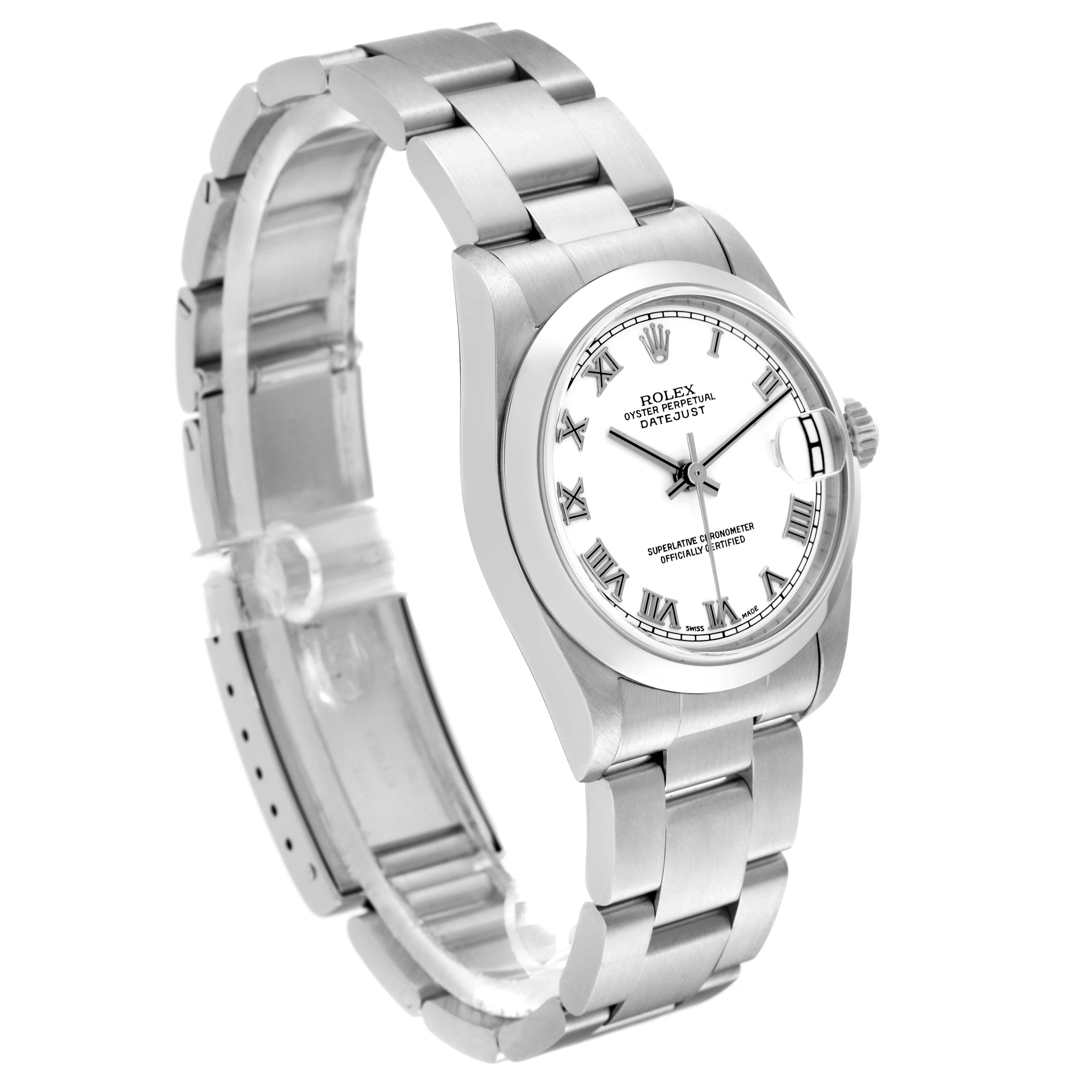 The image shows a Rolex Mid-Size 78240 Women's Stainless Steel White Dial 78240 Women's Stainless Steel White Dial Datejust watch at a three-quarter angle, highlighting the face, bezel, and bracelet.