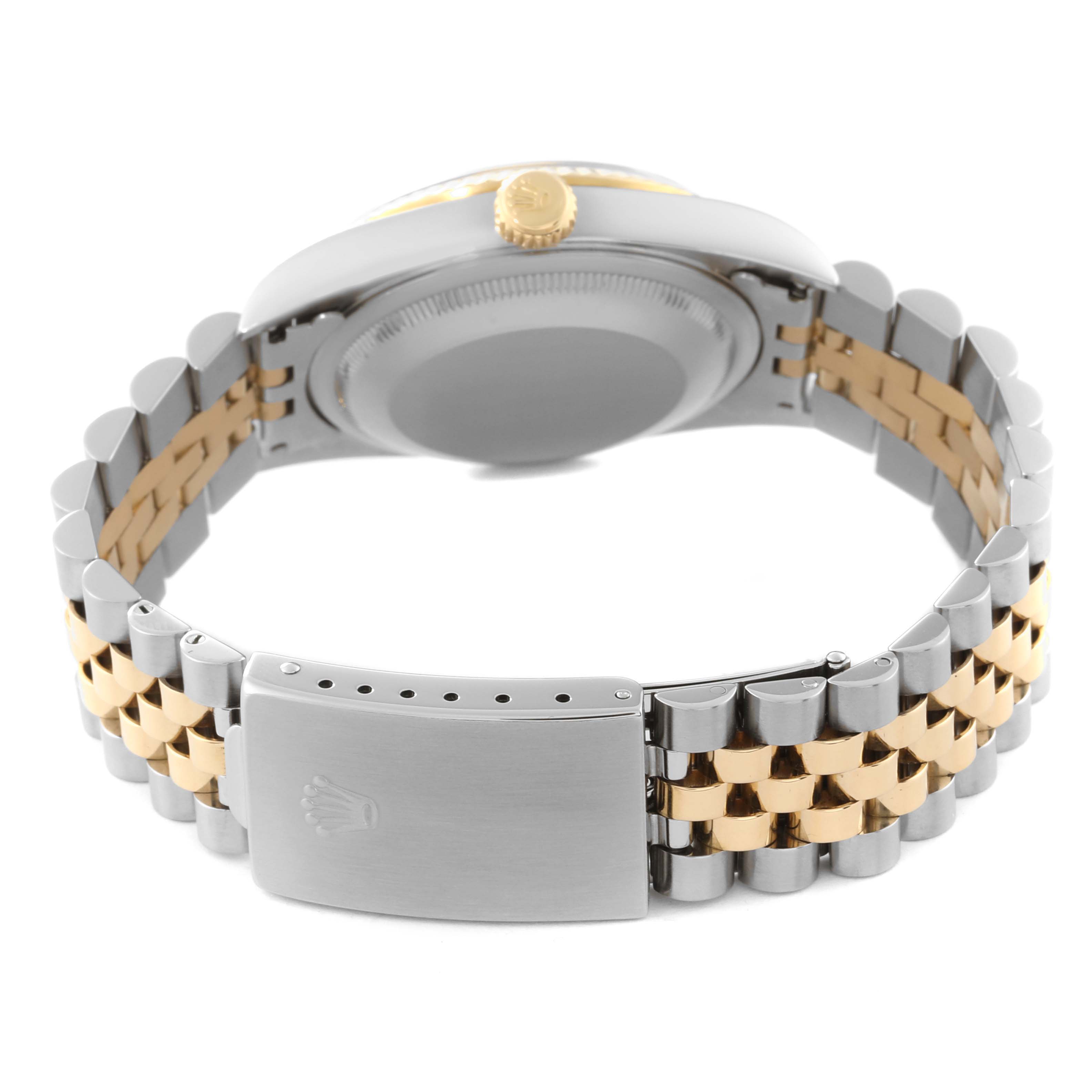 This image shows the bracelet and case back of a Rolex Datejust 16233 Men's Steel and Gold (two tone) Black Dial 16233 Men's Steel and Gold (two tone) Black Dial watch from a rear angle.