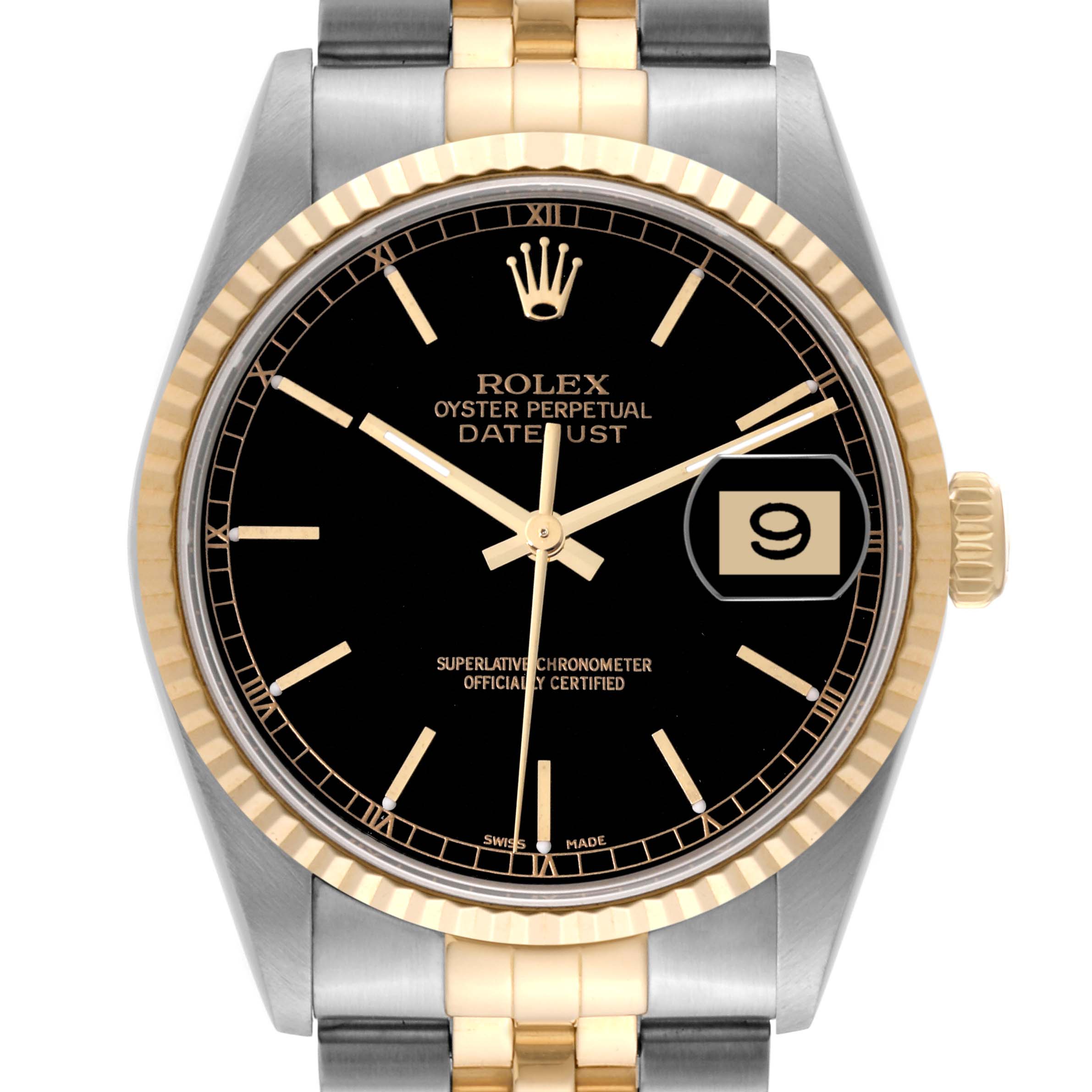 This image of the Rolex Datejust 16233 Men's Steel and Gold (two tone) Black Dial 16233 Men's Steel and Gold (two tone) Black Dial model shows the front view including the dial, bezel, crown, and part of the bracelet.