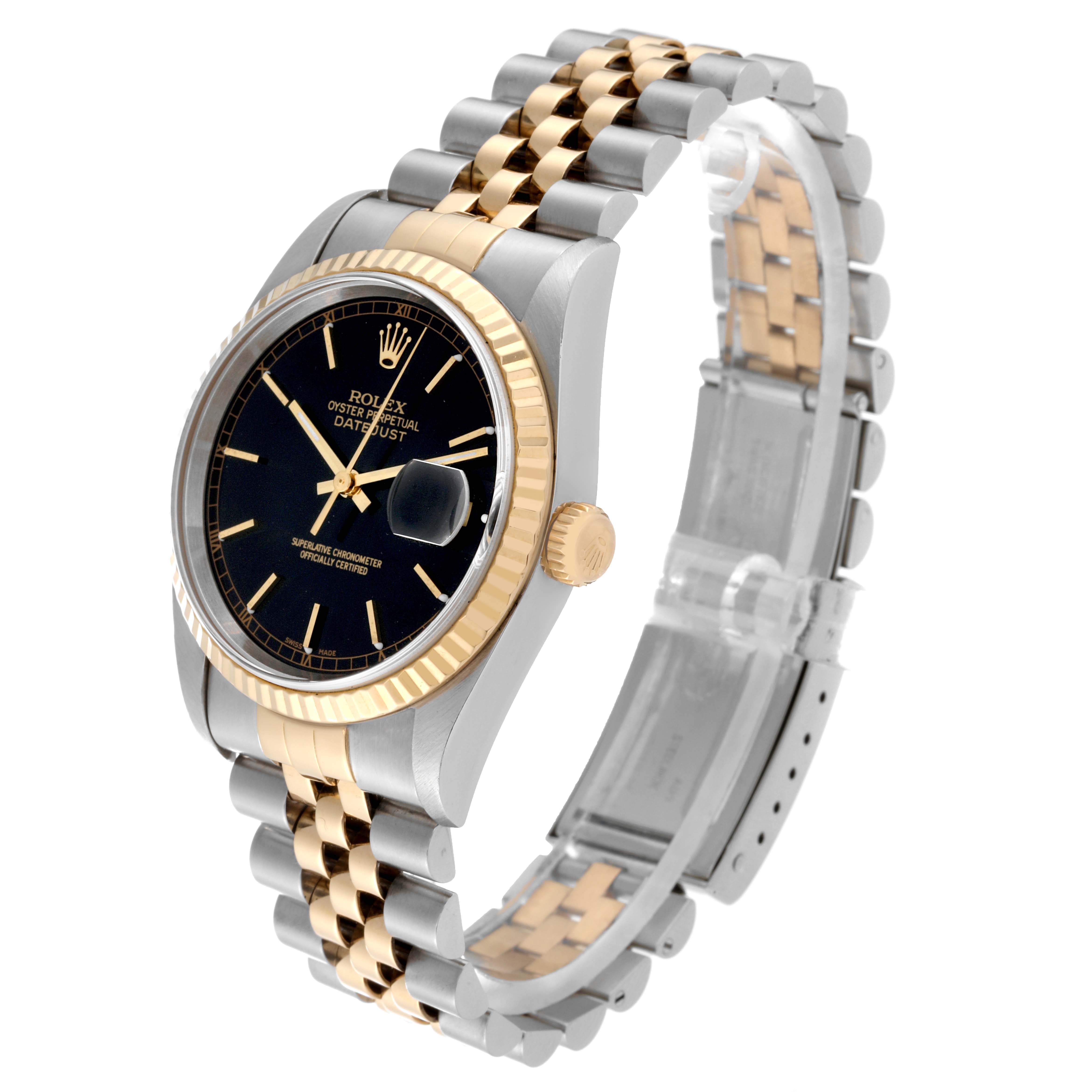 The image shows a Rolex Datejust 16233 Men's Steel and Gold (two tone) Black Dial 16233 Men's Steel and Gold (two tone) Black Dial watch at a three-quarter angle, highlighting its dial, bezel, crown, and bracelet.