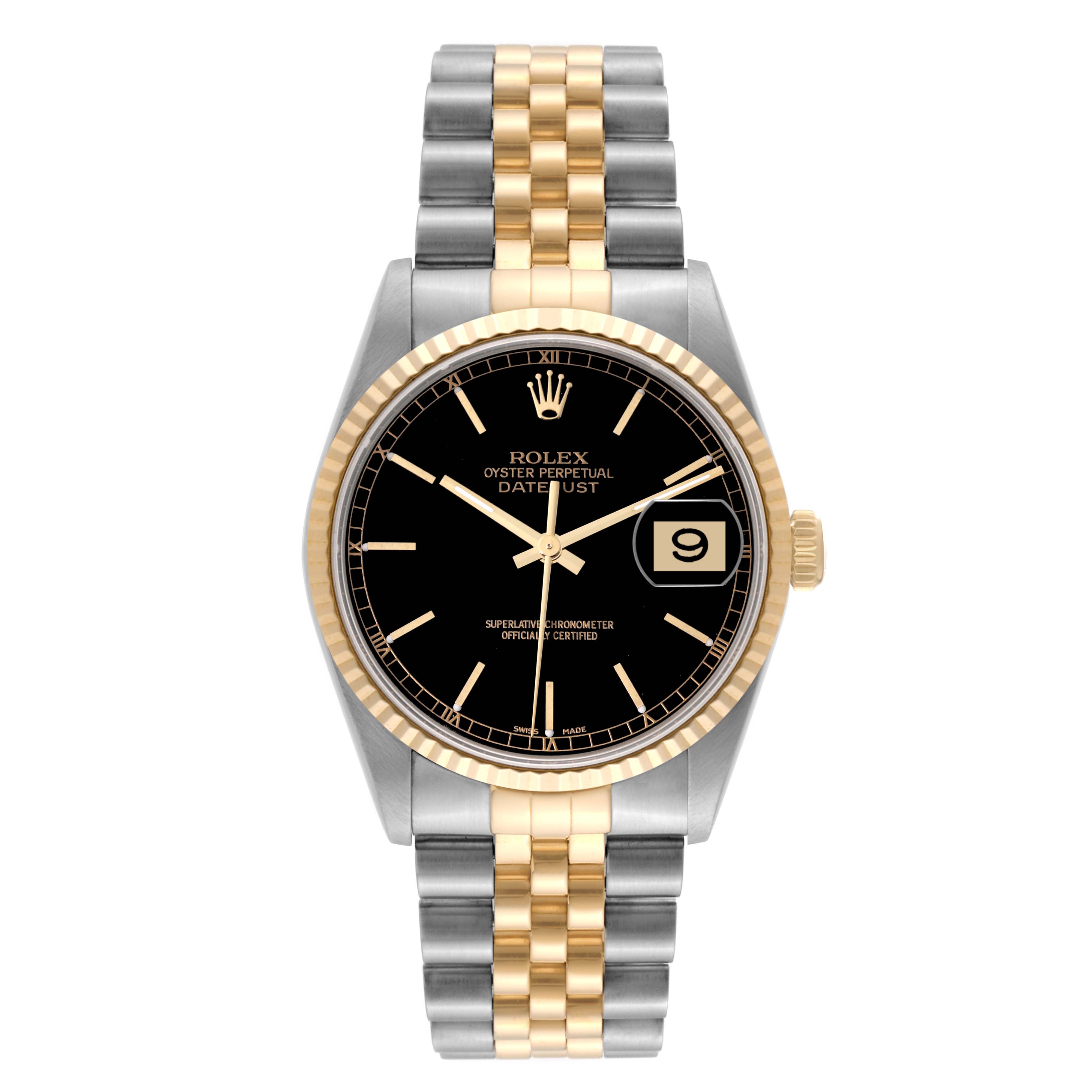 The image shows a front view of the Rolex Datejust 16233 Men's Steel and Gold (two tone) Black Dial 16233 Men's Steel and Gold (two tone) Black Dial watch, displaying its black dial, date window, and two-tone bracelet.