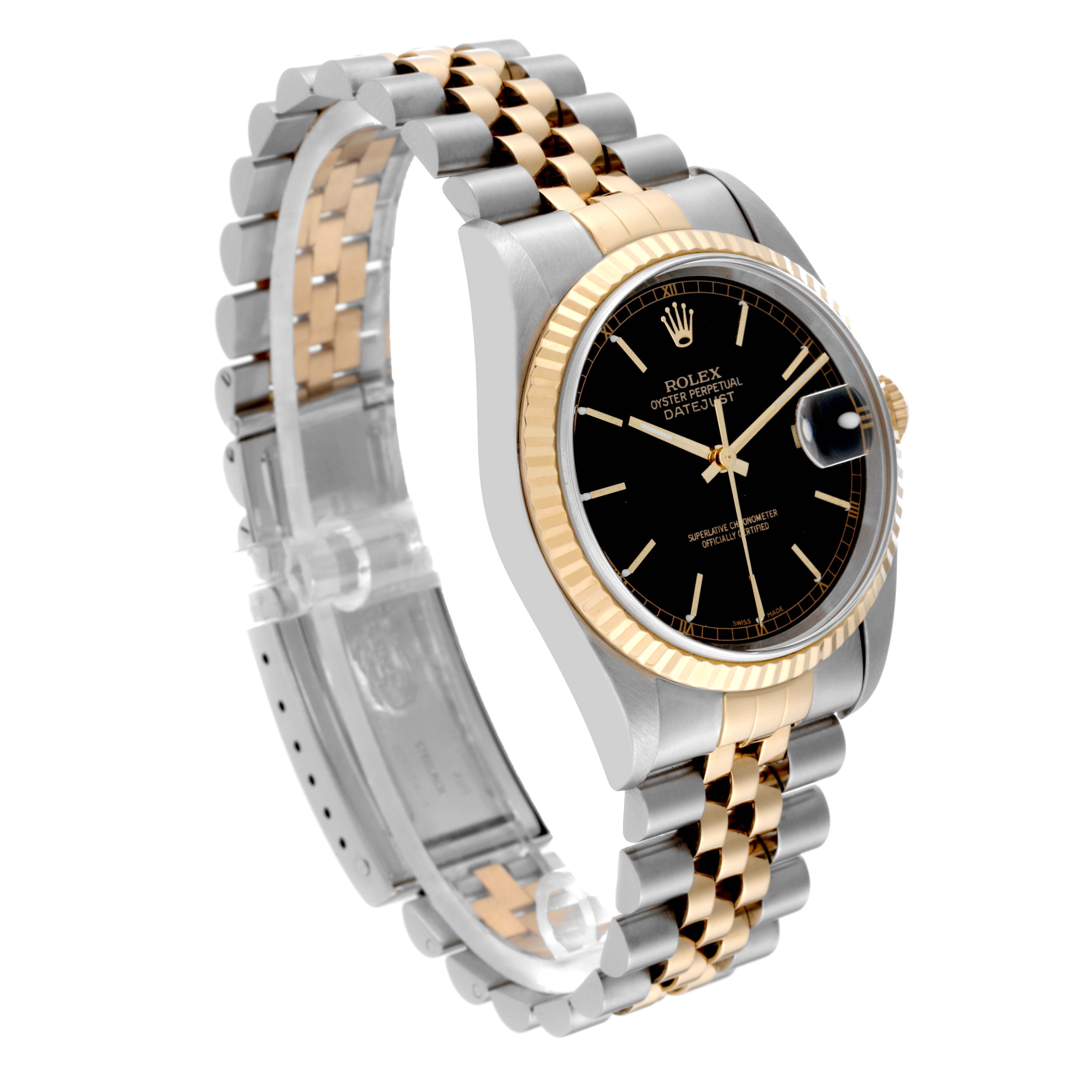 The image shows a Rolex Datejust 16233 Men's Steel and Gold (two tone) Black Dial 16233 Men's Steel and Gold (two tone) Black Dial watch at a three-quarter angle, highlighting the black dial, two-tone bracelet, and fluted bezel.