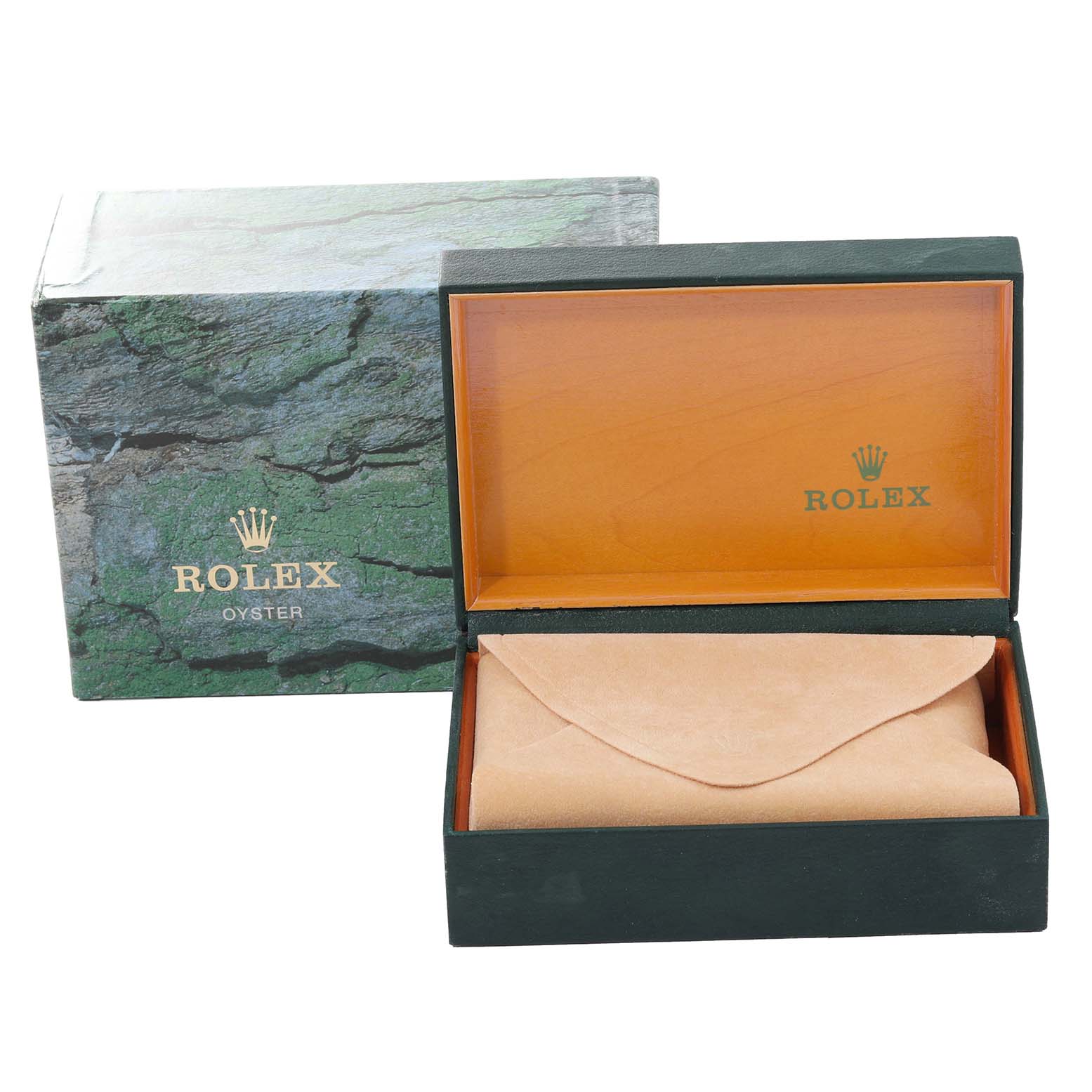 This image shows a Rolex Datejust 16233 Men's Steel and Gold (two tone) Black Dial 16233 Men's Steel and Gold (two tone) Black Dial watch box with the outer green cardboard box and the inner wooden box opened, revealing a suede pouch.