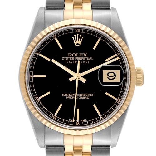 This image shows a close-up of the Rolex Datejust watch face, bezel, crown, and part of the bracelet.