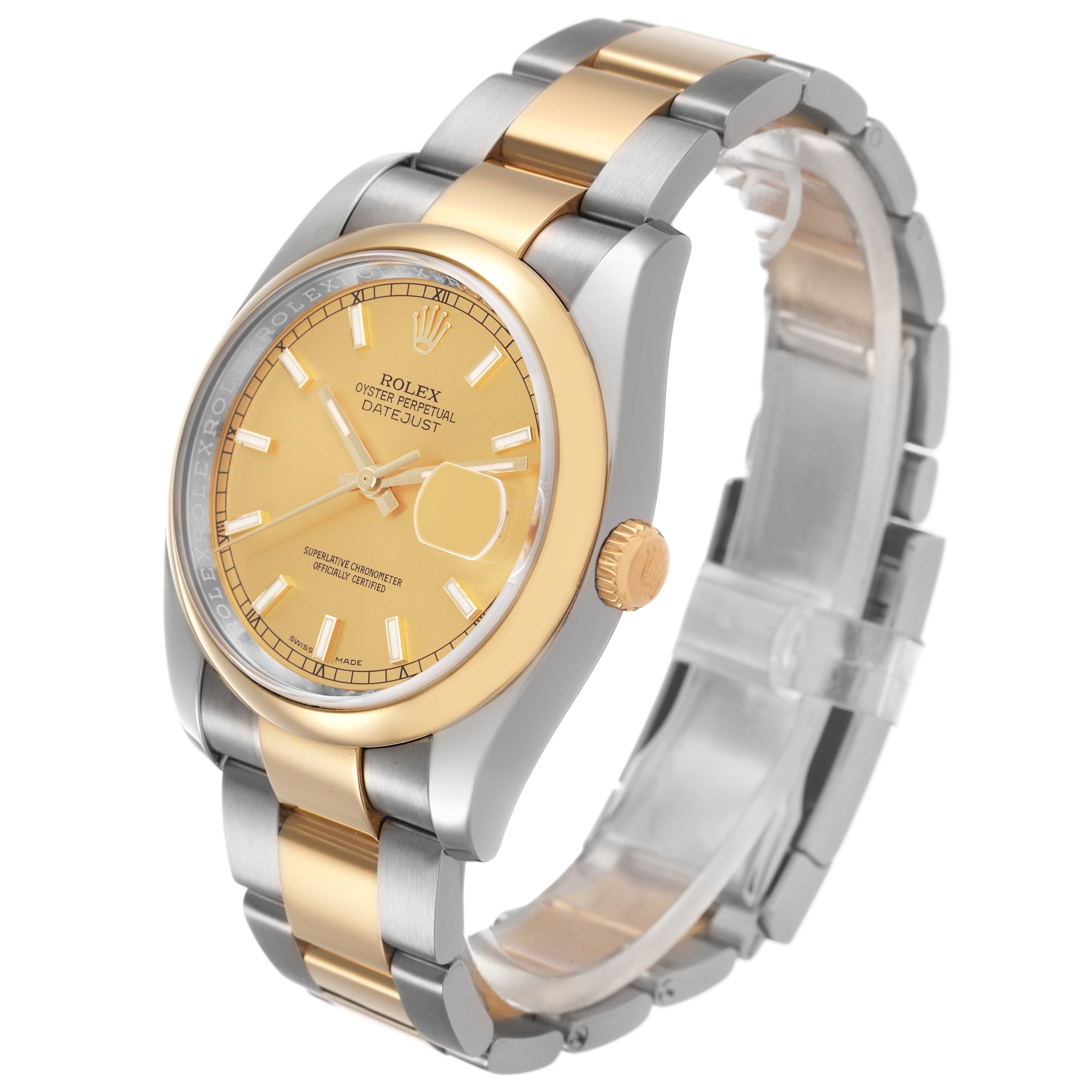 The Rolex Datejust 116203 Men's Stainless Steel Champagne Dial watch is shown from a front angle, highlighting its gold dial, bezel, and two-tone bracelet.