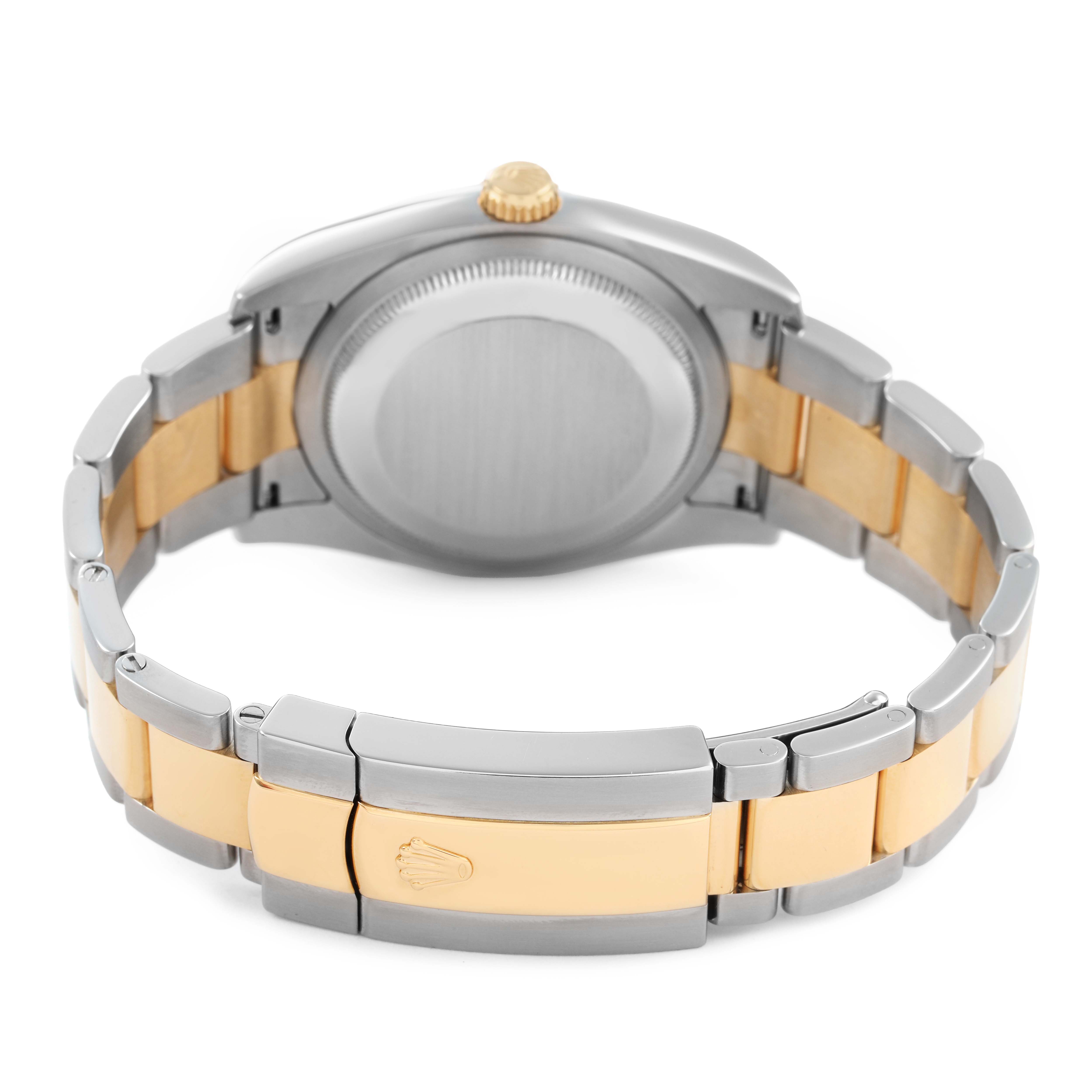The image shows the back of a Rolex Datejust 116203 Men's Stainless Steel Champagne Dial watch, highlighting the bracelet, clasp, and case back.