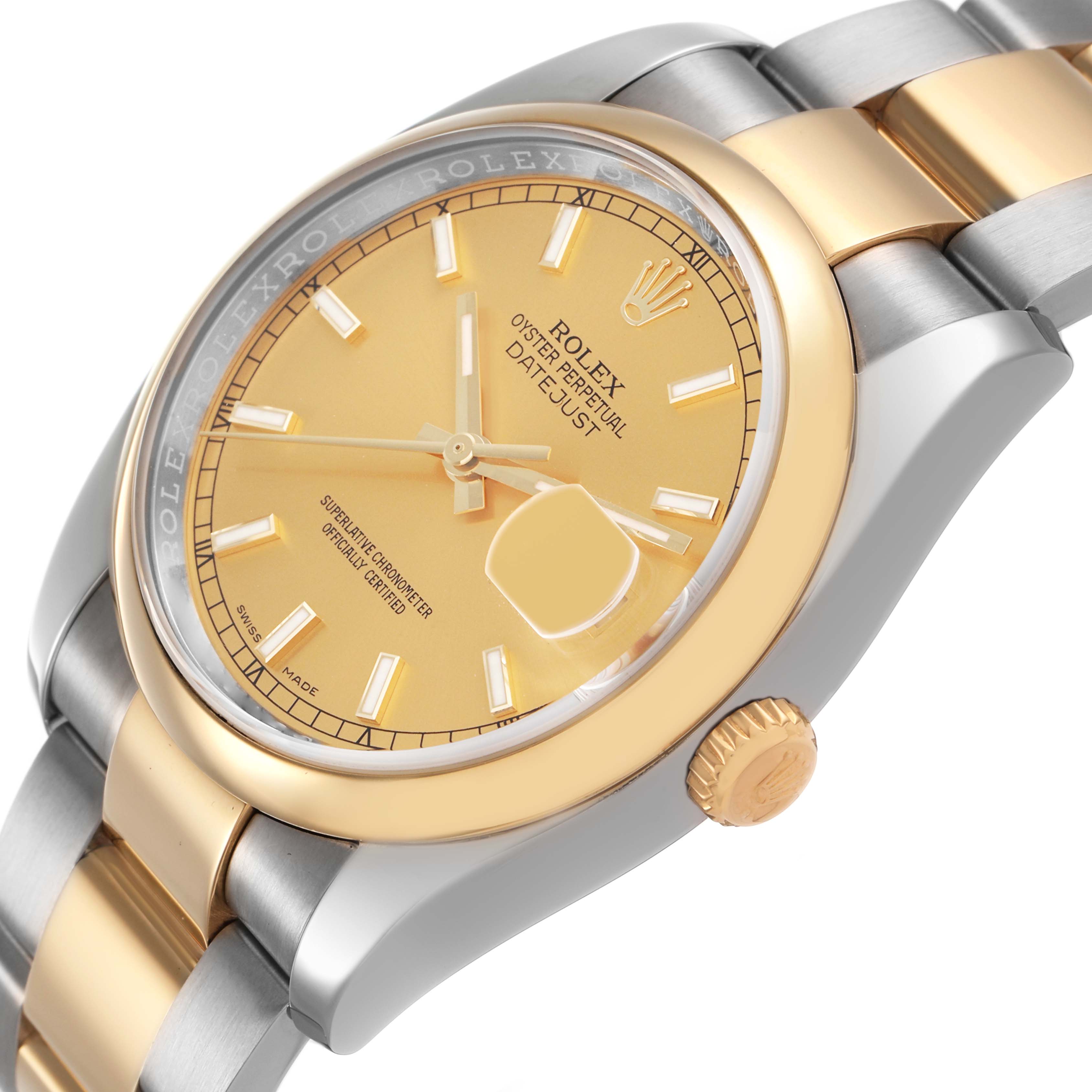 The Rolex Datejust 116203 Men's Stainless Steel Champagne Dial watch is shown at a tilted angle, highlighting the dial, bezel, crown, and bracelet.