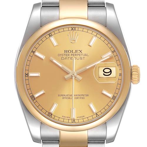 The Rolex Datejust 116203 Men's Stainless Steel Champagne Dial watch is shown from a front angle, displaying the dial, bezel, bracelet, and crown.