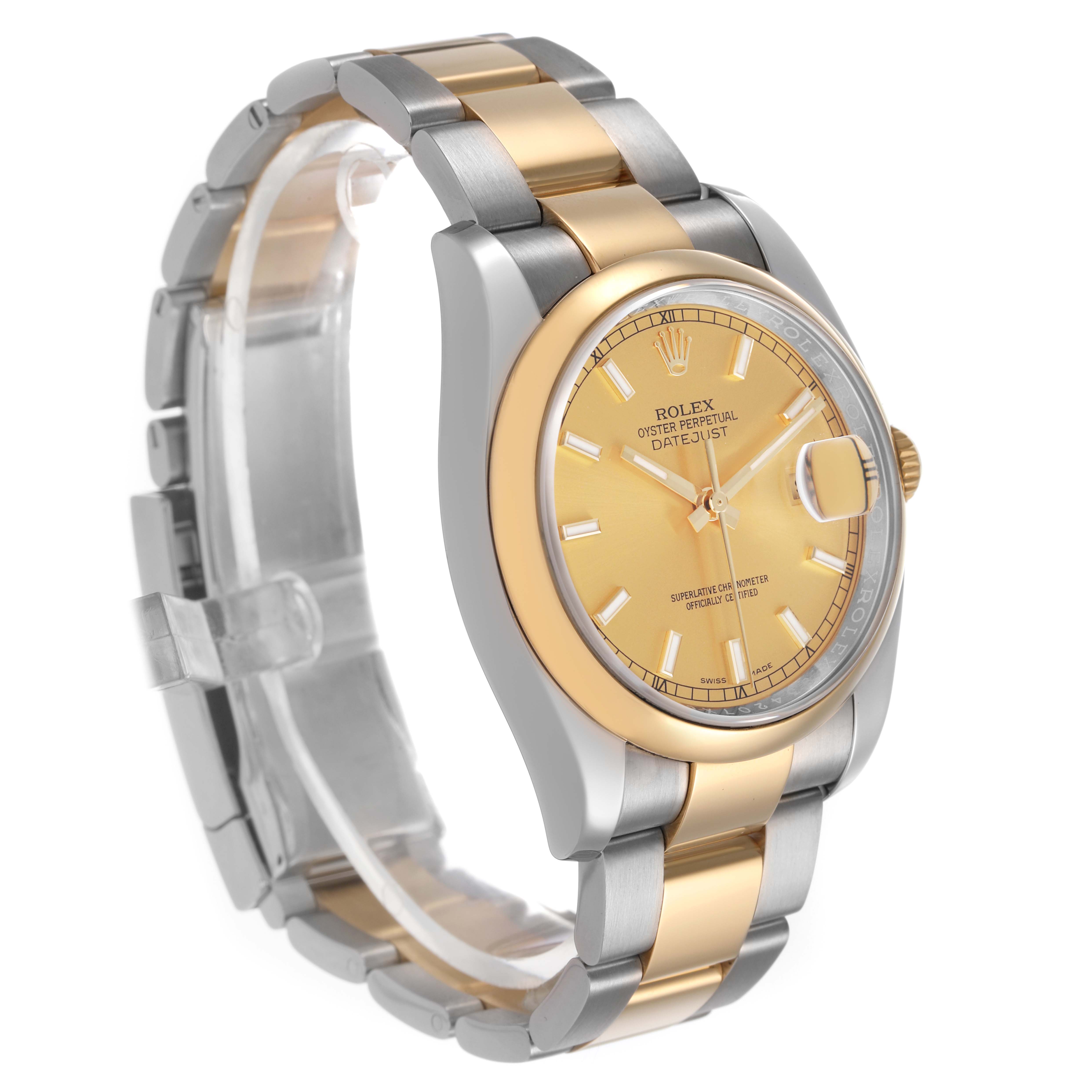 The Rolex Datejust 116203 Men's Stainless Steel Champagne Dial watch is shown at a three-quarter angle, highlighting the bracelet, case, and dial.