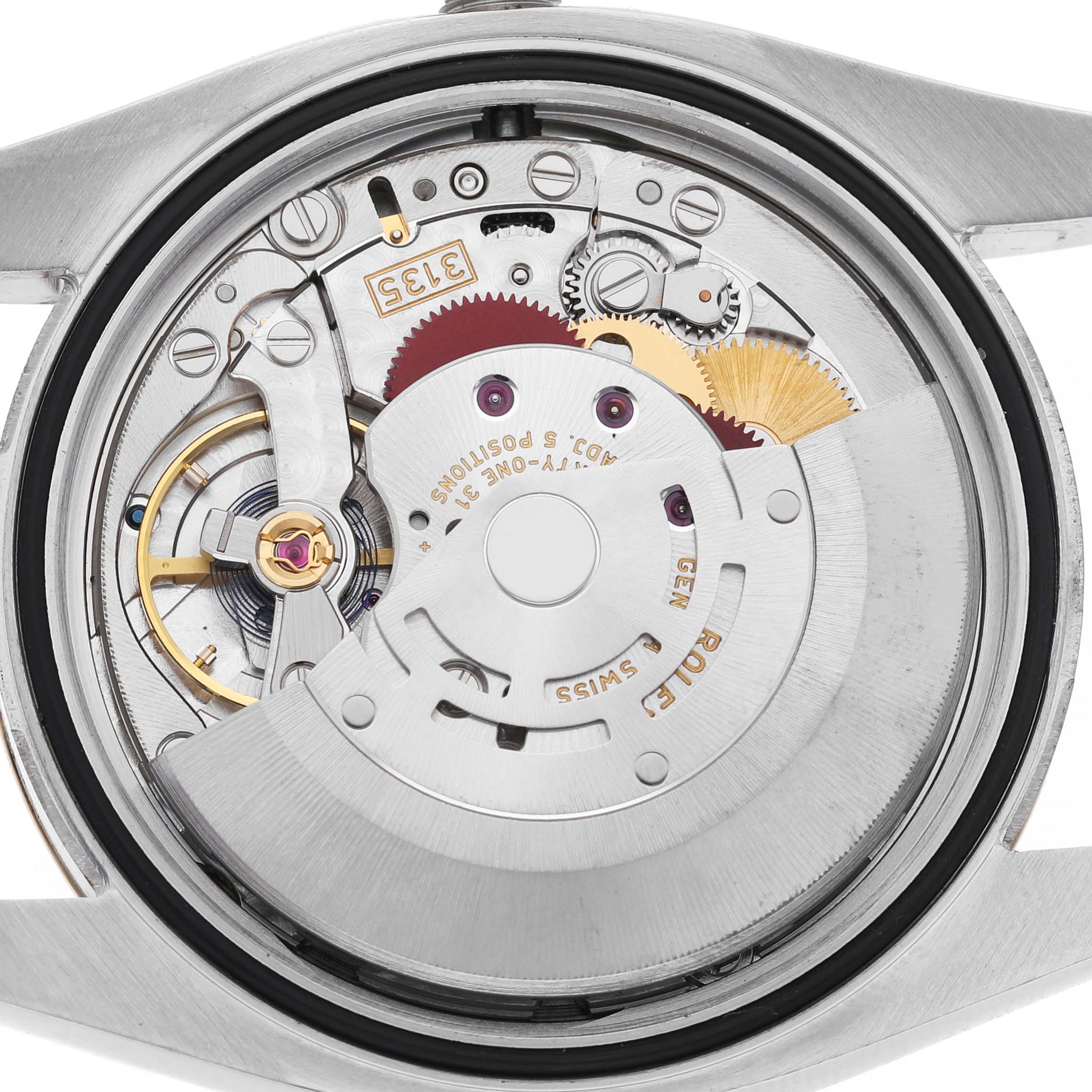 The image shows the internal movement mechanism of the Rolex Datejust 116203 Men's Stainless Steel Champagne Dial watch with visible gears and components from a back view.