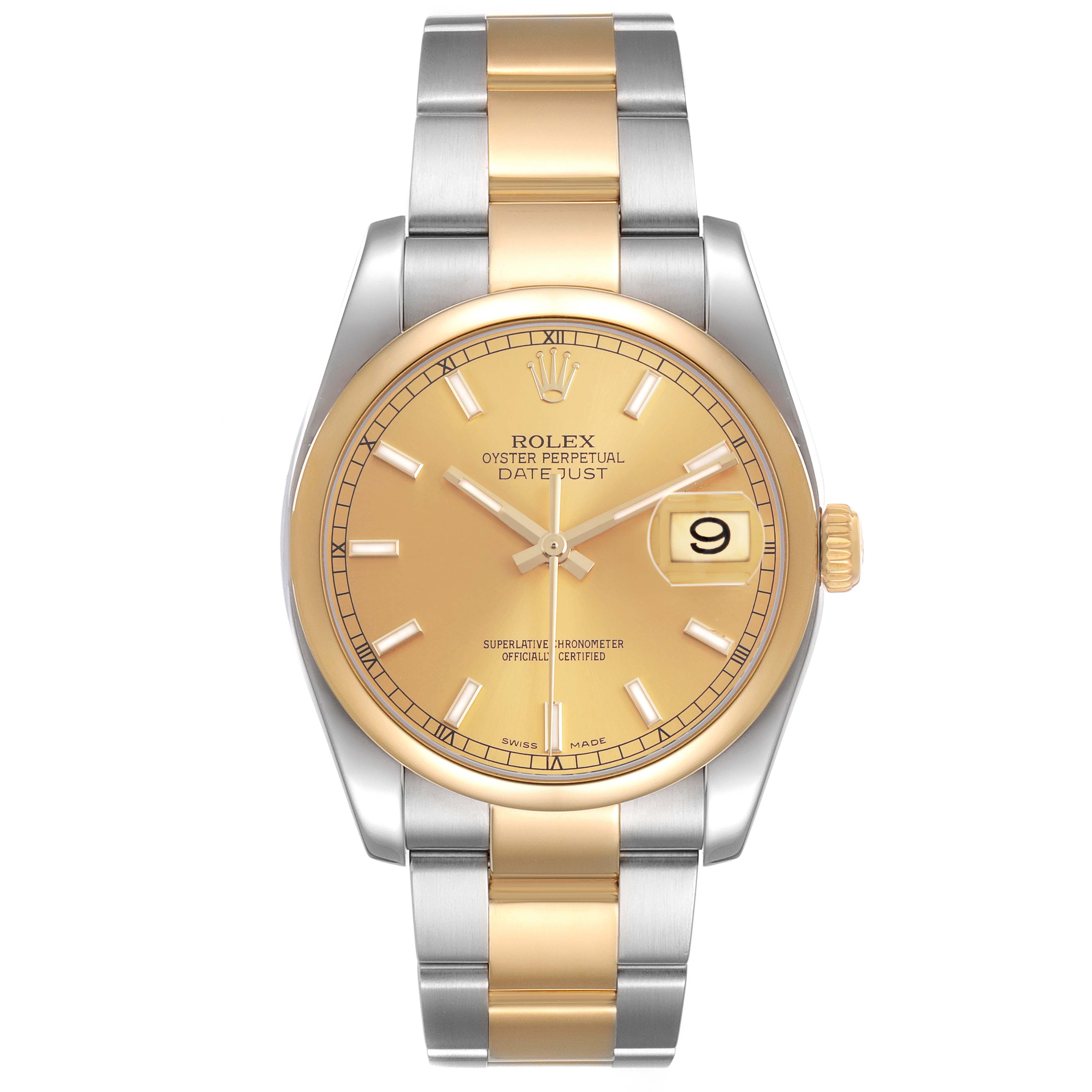 The Rolex Datejust 116203 Men's Stainless Steel Champagne Dial watch is shown from the front, highlighting its dial, bezel, bracelet, and date feature.