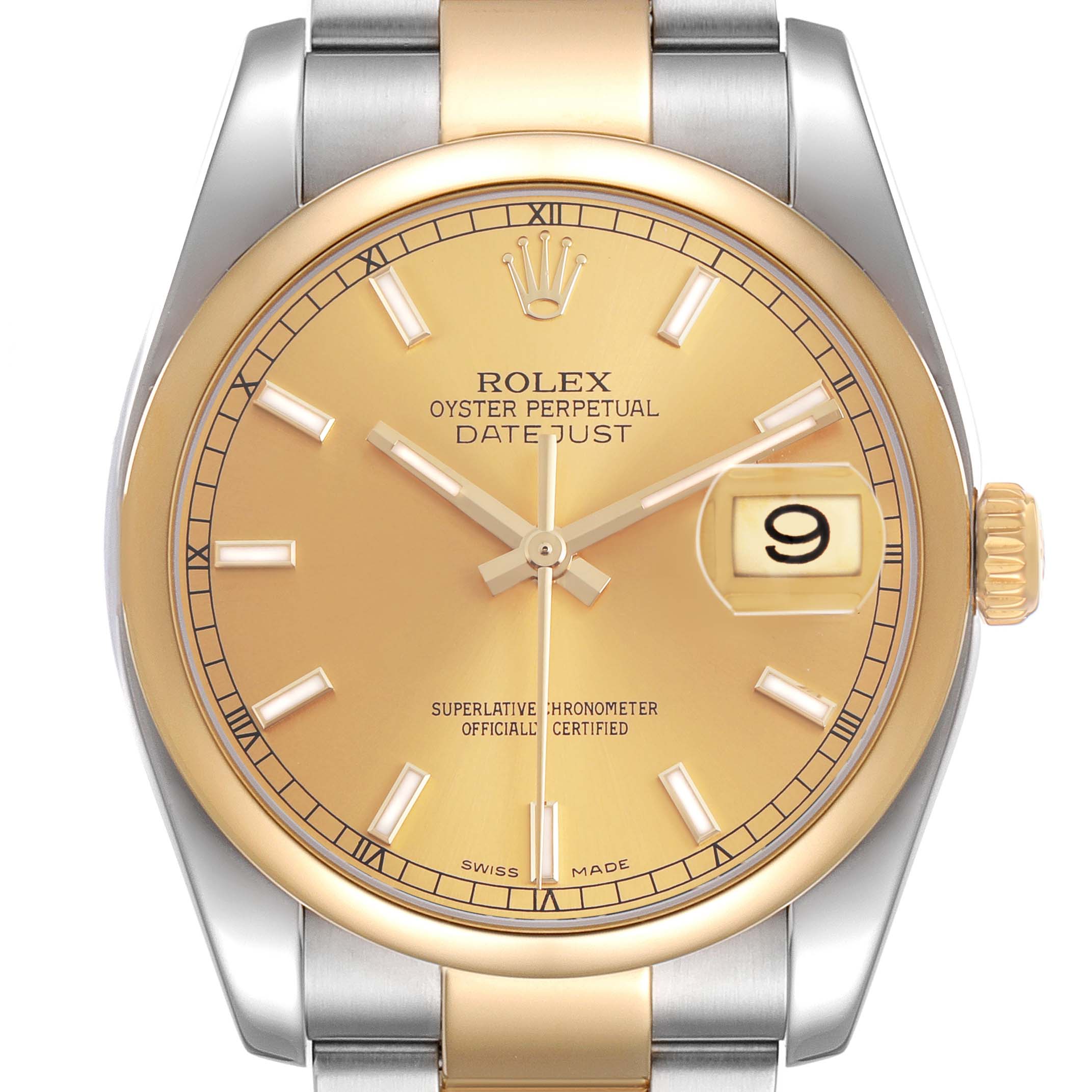 The Rolex Datejust 116203 Men's Stainless Steel Champagne Dial watch is shown from the front, highlighting the dial, hands, crown, and part of the bracelet.