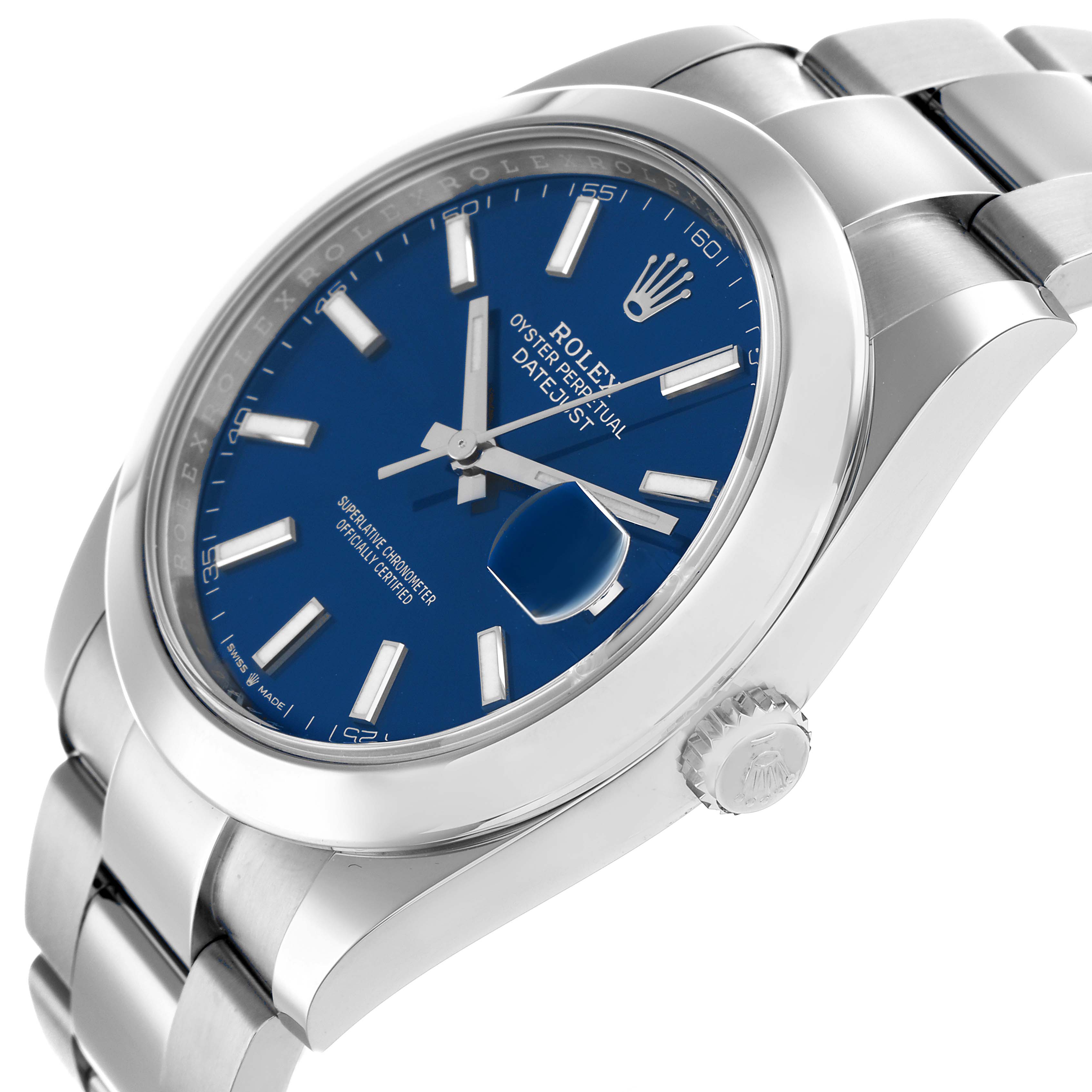The Rolex Datejust 126300 Men
s Stainless Steel Blue Dial watch is shown at a three-quarter angle displaying the blue dial, crown, and part of the bracelet.