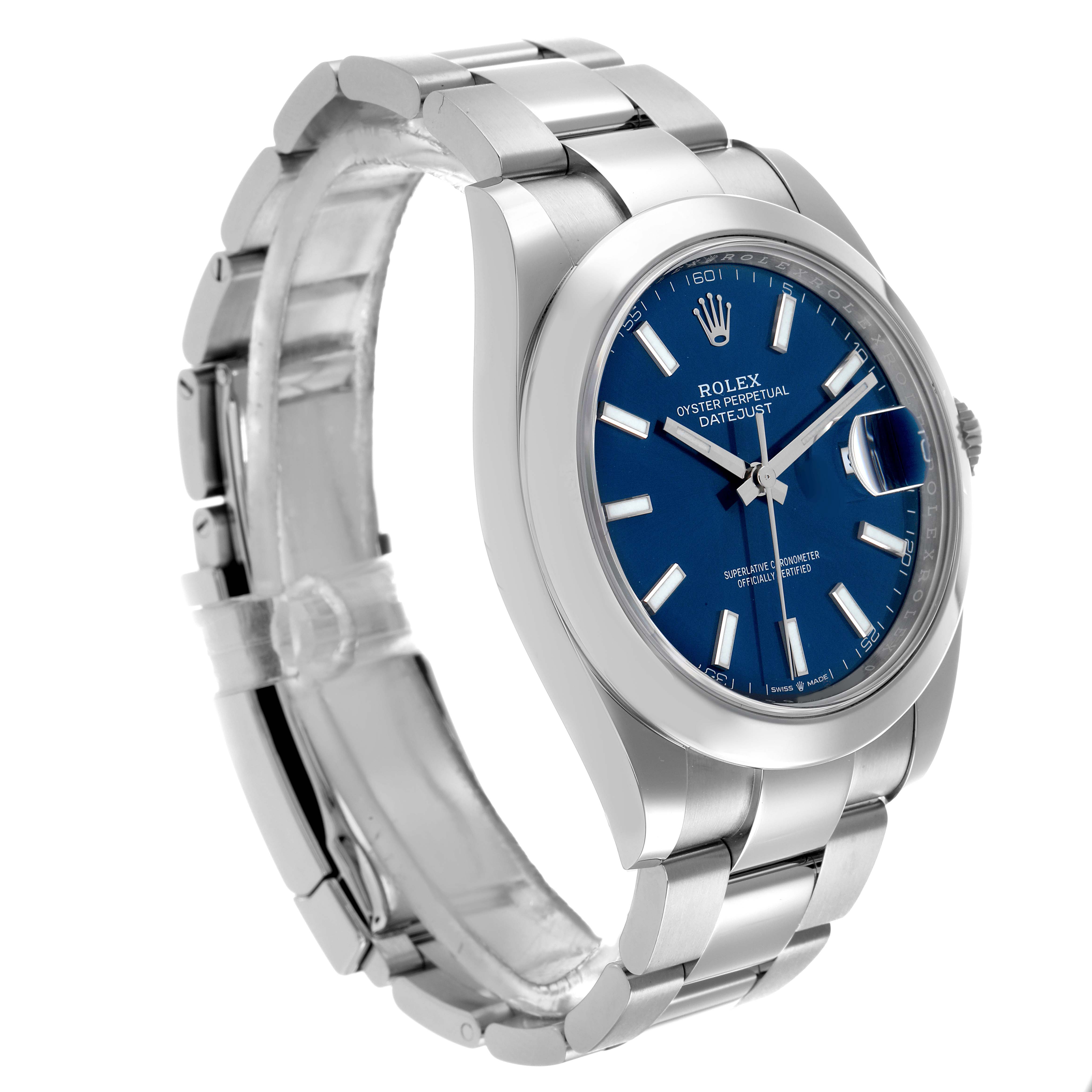 The Rolex Datejust 126300 Men
s Stainless Steel Blue Dial watch is shown at a three-quarter angle, highlighting the blue dial, bezel, and stainless steel bracelet.