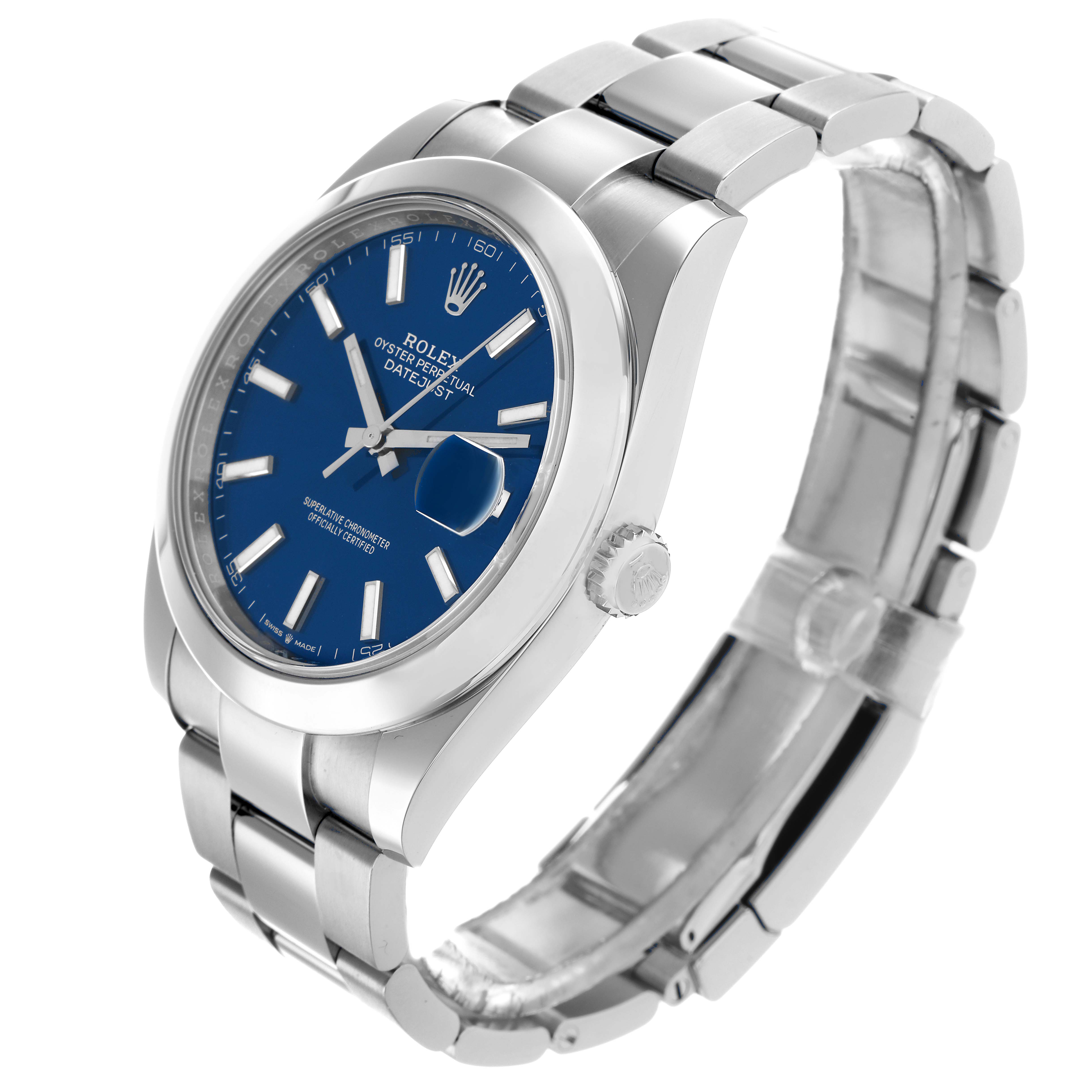 The Rolex Datejust 126300 Men
s Stainless Steel Blue Dial watch is shown at an angled side view, displaying the blue dial, bezel, and part of the bracelet.