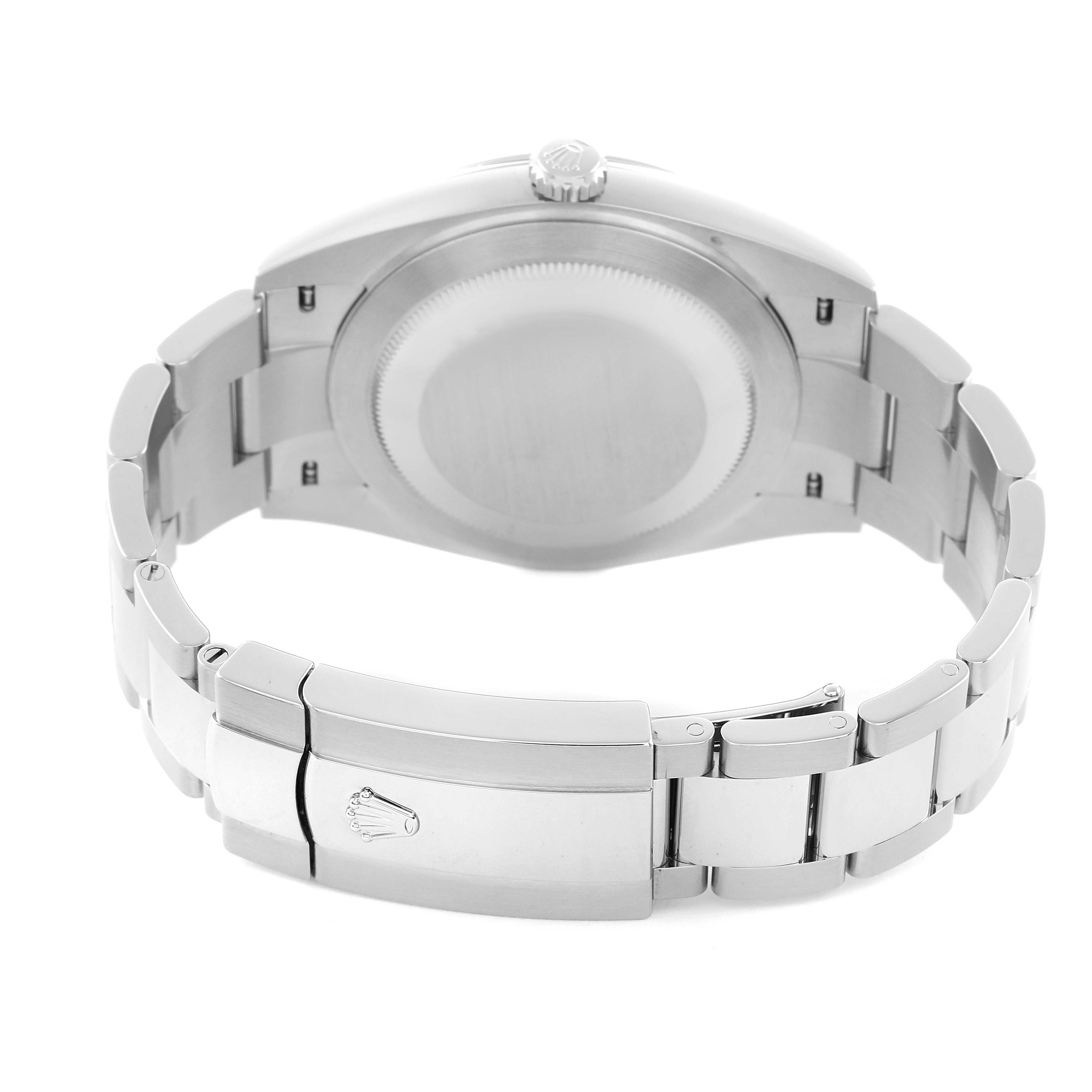 The image shows the back case and bracelet clasp of a Rolex Datejust 126300 Men
s Stainless Steel Blue Dial watch from a rear angle.