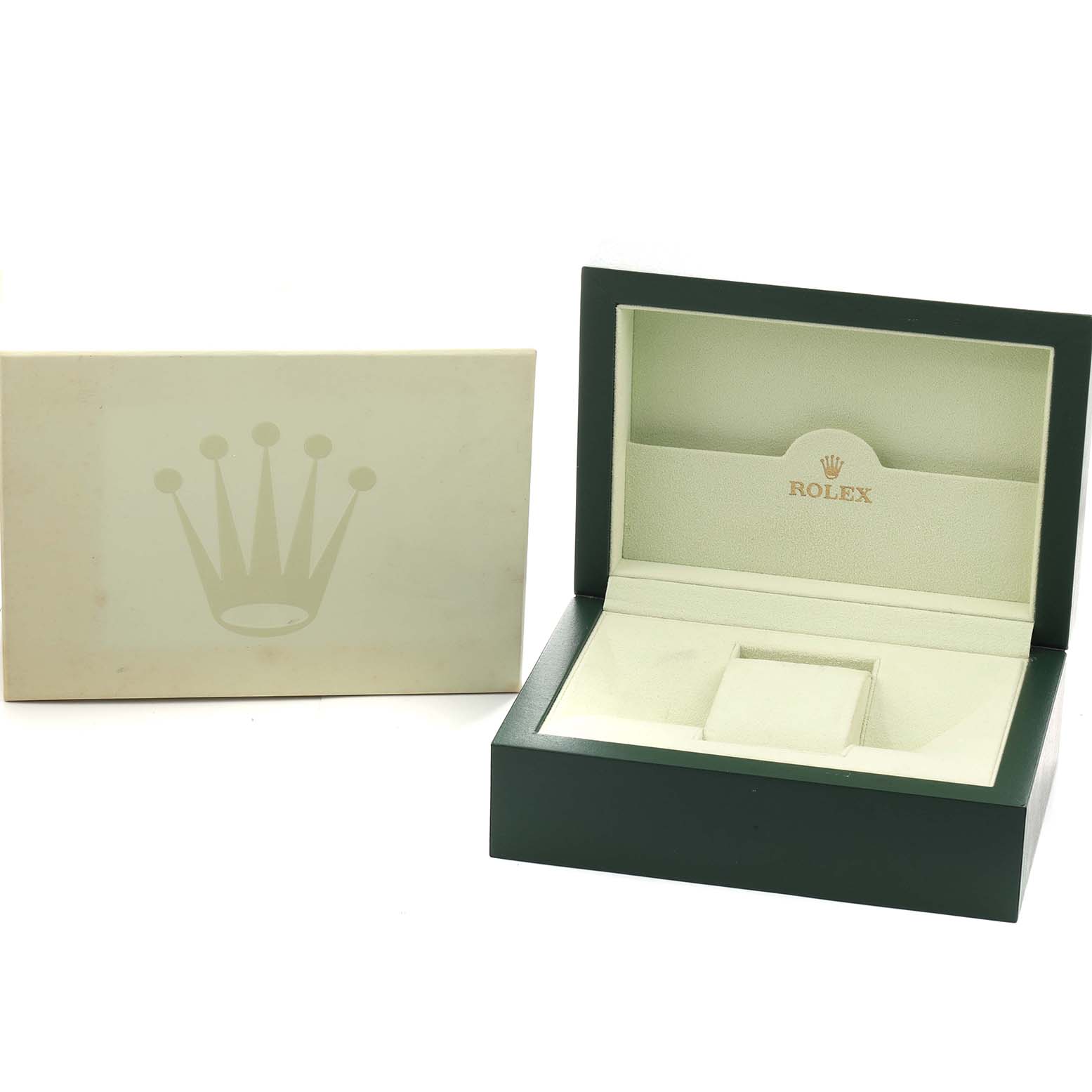 The image shows an open Rolex Datejust 126300 Men
s Stainless Steel Blue Dial watch box with a branded exterior box beside it, captured from an angled side view.