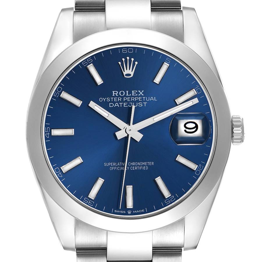 The Rolex Datejust 126300 Men's Stainless Steel Blue Dial watch is shown from a front angle, displaying the dial, date window, hands, crown, and bracelet.