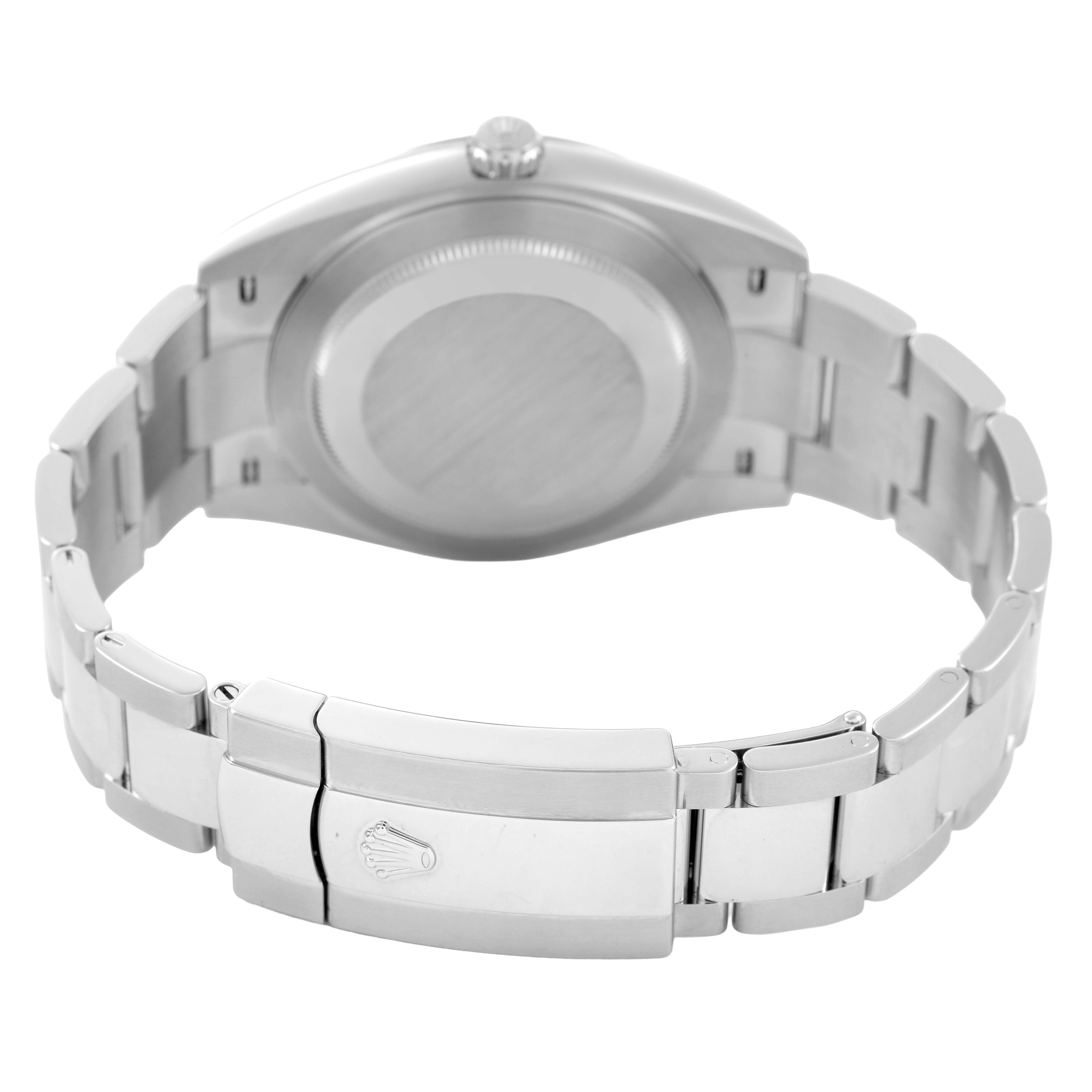 The image shows the back view of the Rolex Datejust 41 126300 Men's Stainless Steel Black Dial, highlighting the case back and clasp.