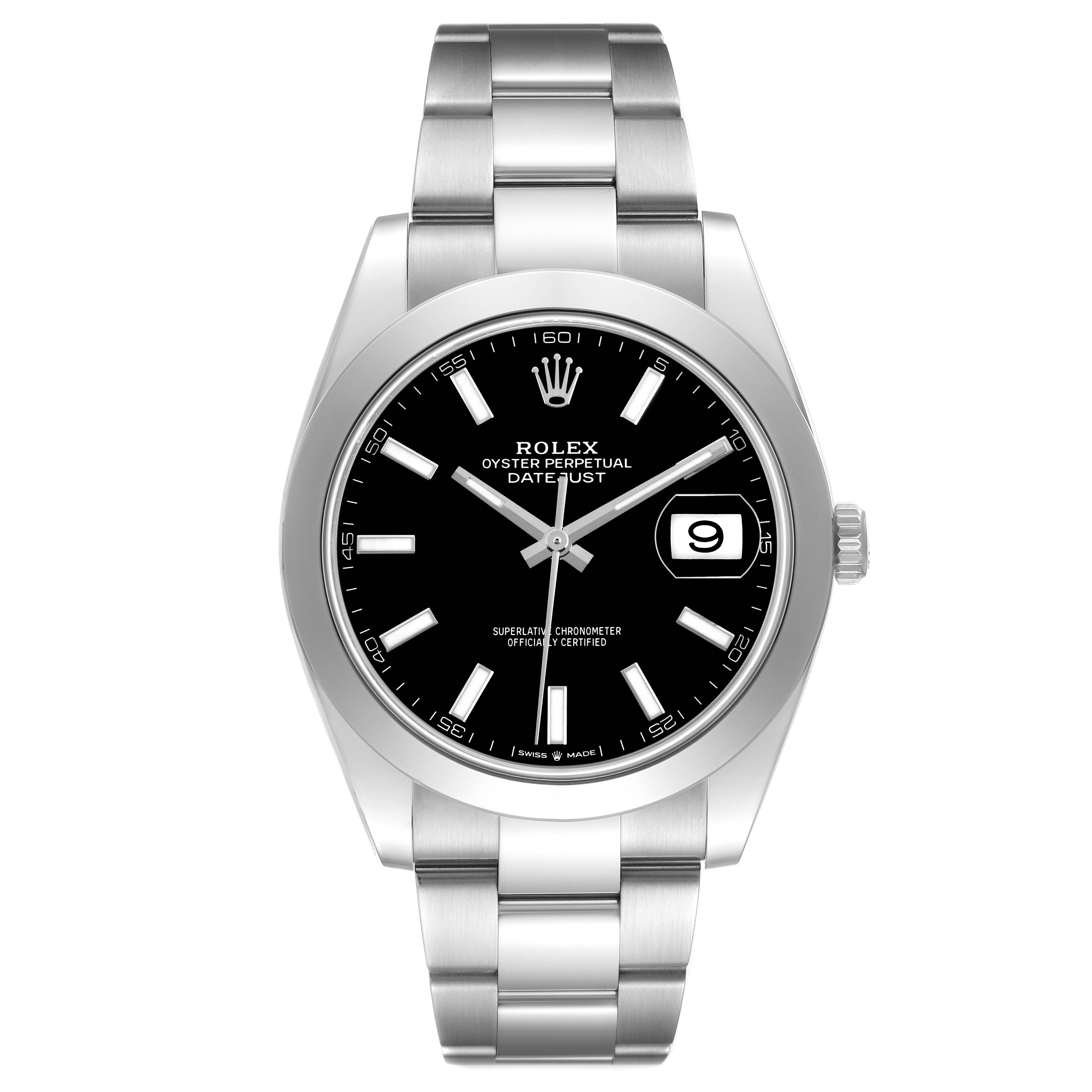 The Rolex Datejust 41 126300 Men's Stainless Steel Black Dial is shown from the front, displaying its black dial, hour markers, date window, and bracelet.