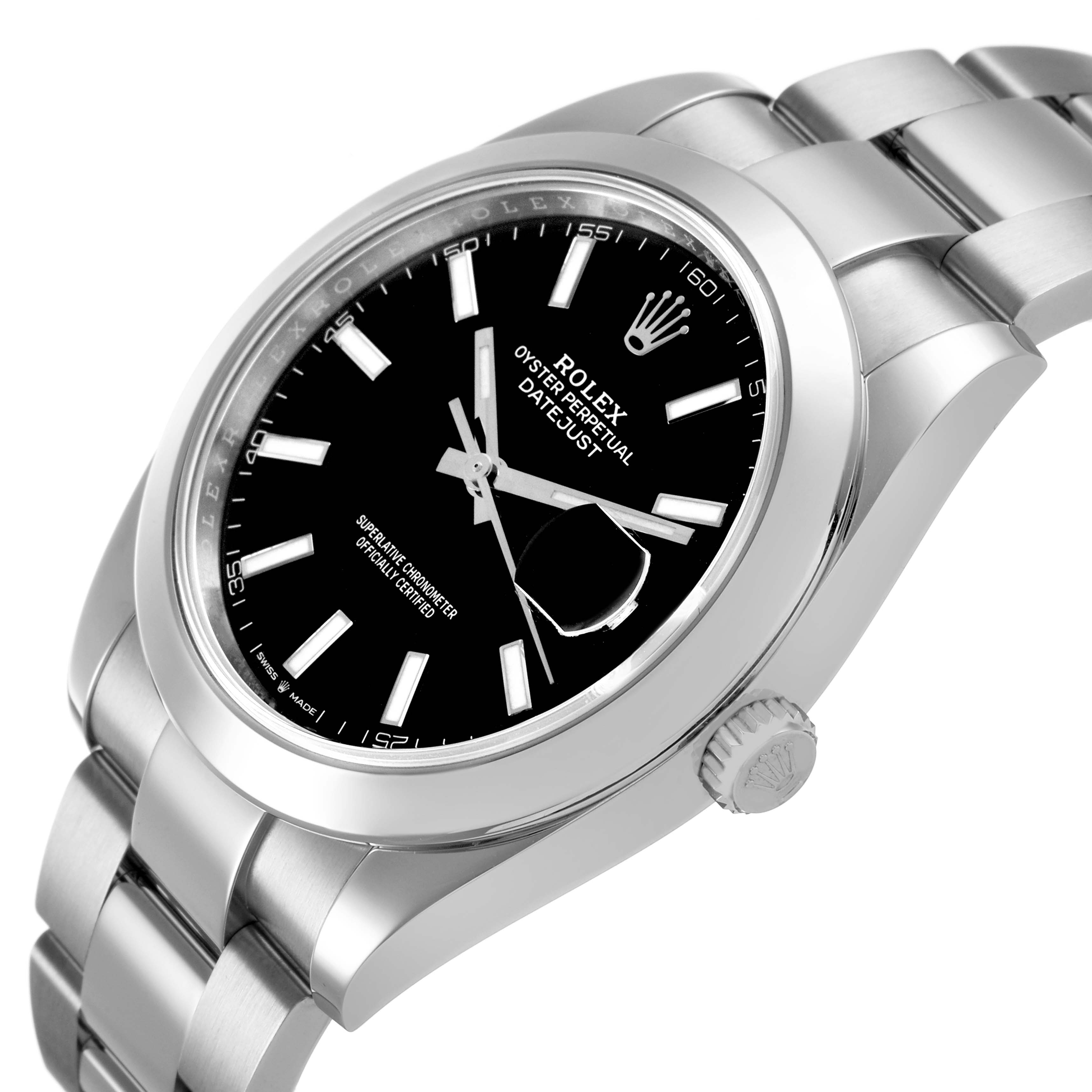 The Rolex Datejust 41 126300 Men's Stainless Steel Black Dial is shown at a slight angle, highlighting the dial, bezel, bracelet, and crown.