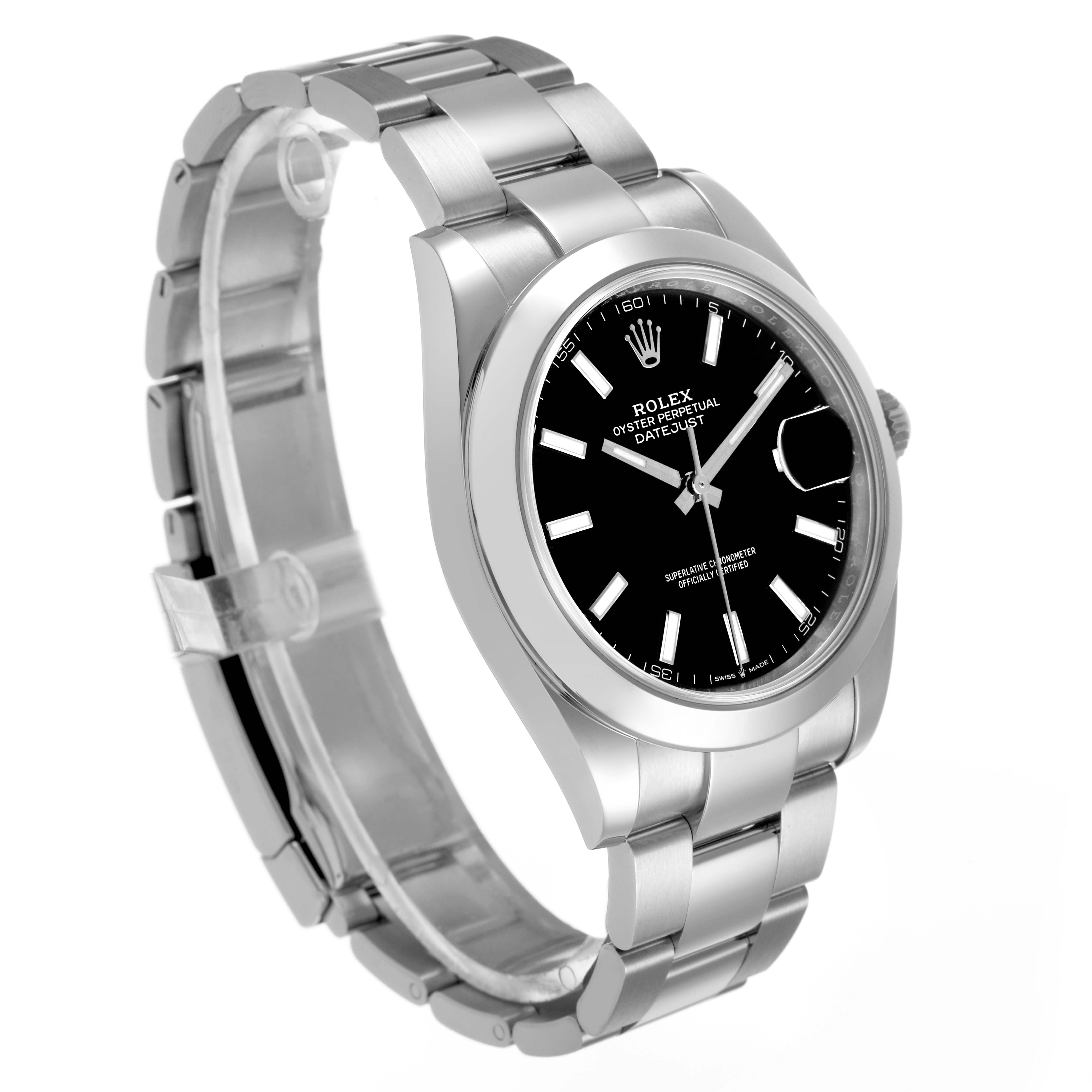 The Rolex Datejust 41 126300 Men's Stainless Steel Black Dial watch is shown at a slight angle, highlighting the dial, bezel, and bracelet.