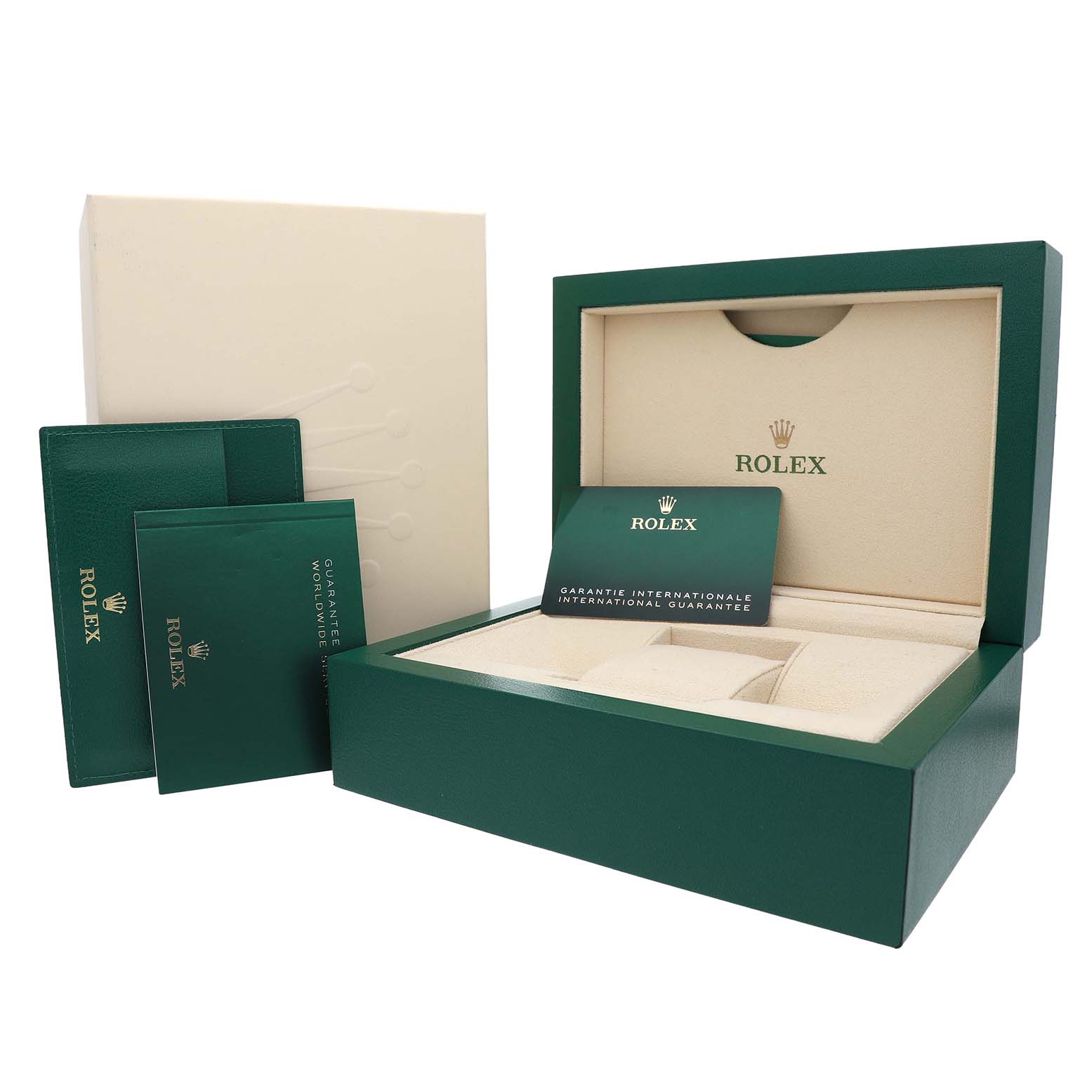 The image shows the packaging and accessories of a Rolex Datejust 41 126300 Men's Stainless Steel Black Dial, including the green box, warranty card, and documents.