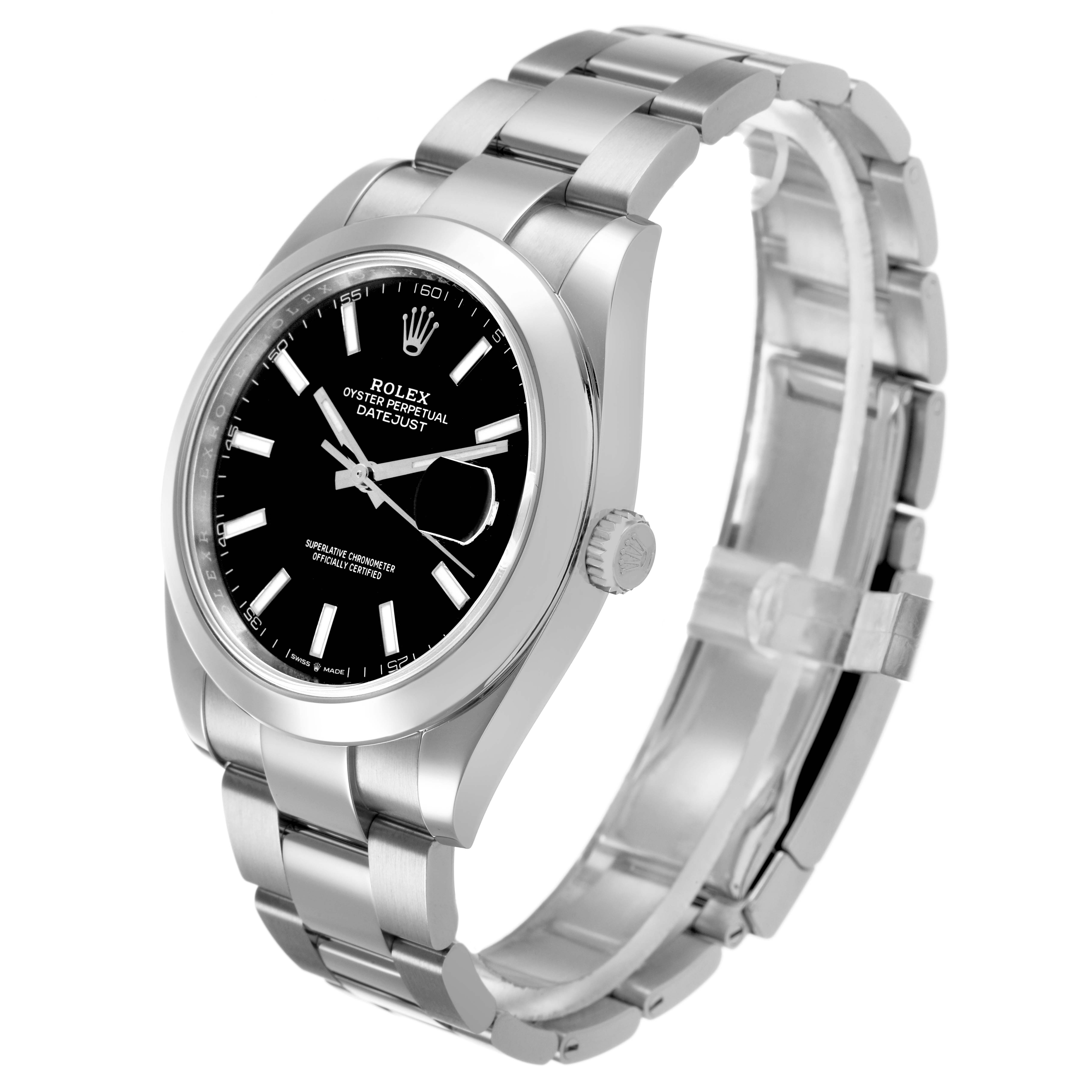 The Rolex Datejust 41 126300 Men's Stainless Steel Black Dial watch is shown at a three-quarter angle, displaying the face, bezel, crown, and bracelet.