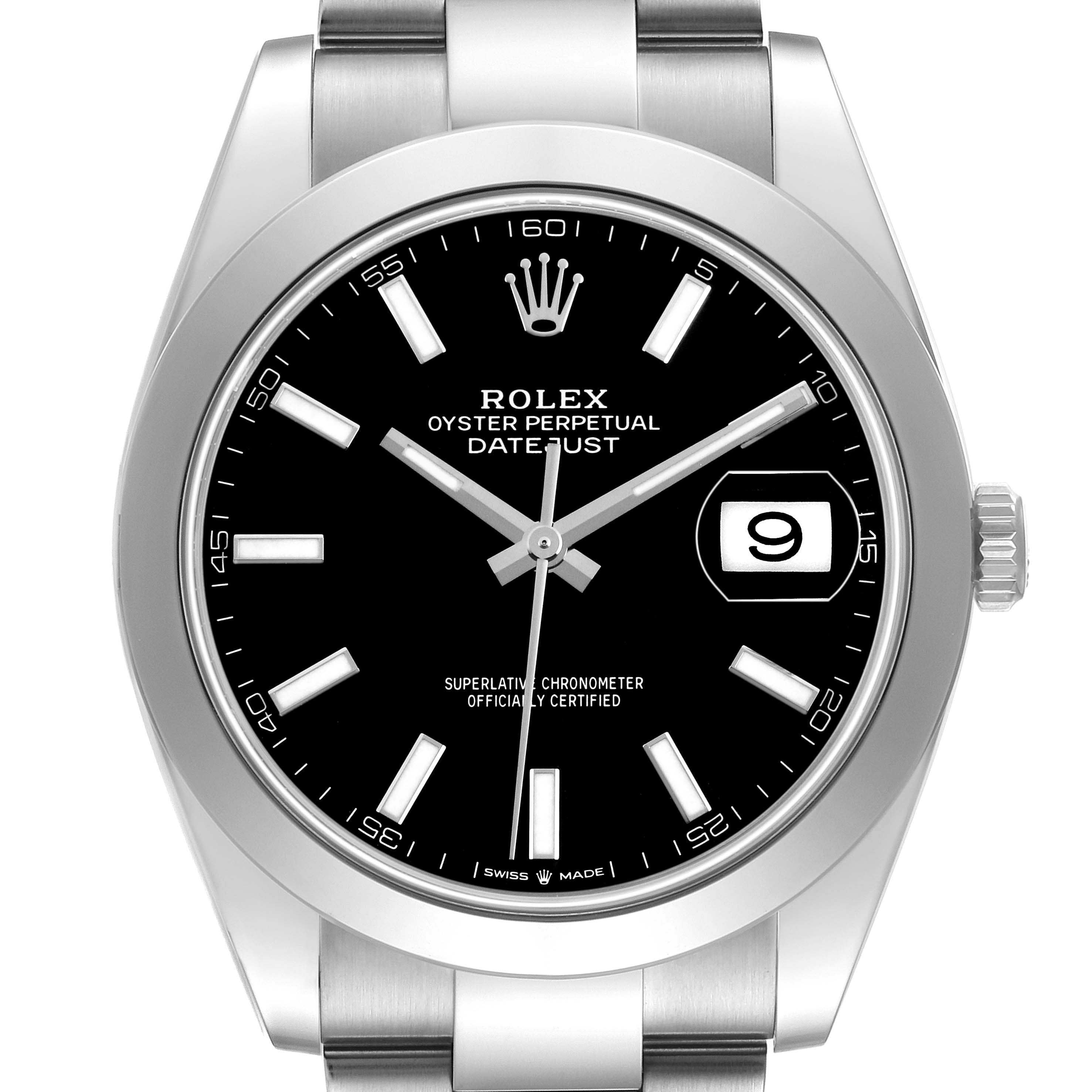The image shows a front view of a Rolex Datejust 41 126300 Men's Stainless Steel Black Dial watch, highlighting its black dial, date window, and stainless steel bracelet.