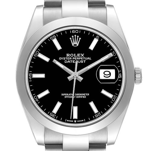 The Rolex Datejust 41 126300 Men's Stainless Steel Black Dial is shown from a top-down angle, highlighting the black dial, silver hour markers, and Oyster bracelet.