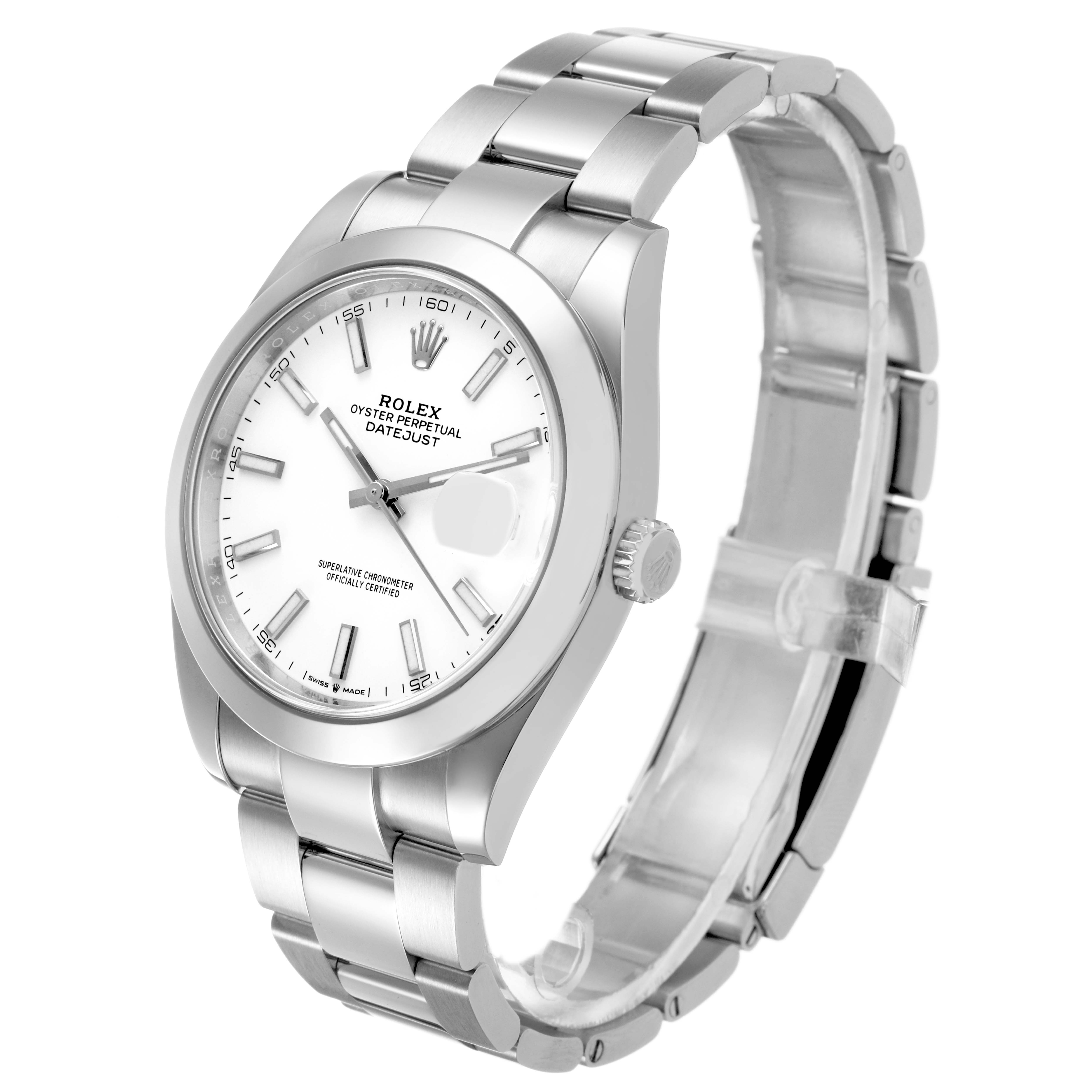 The Rolex Datejust 41 126300 Men's Stainless Steel White Dial is shown in a three-quarter angle, highlighting the face, bezel, crown, and bracelet.