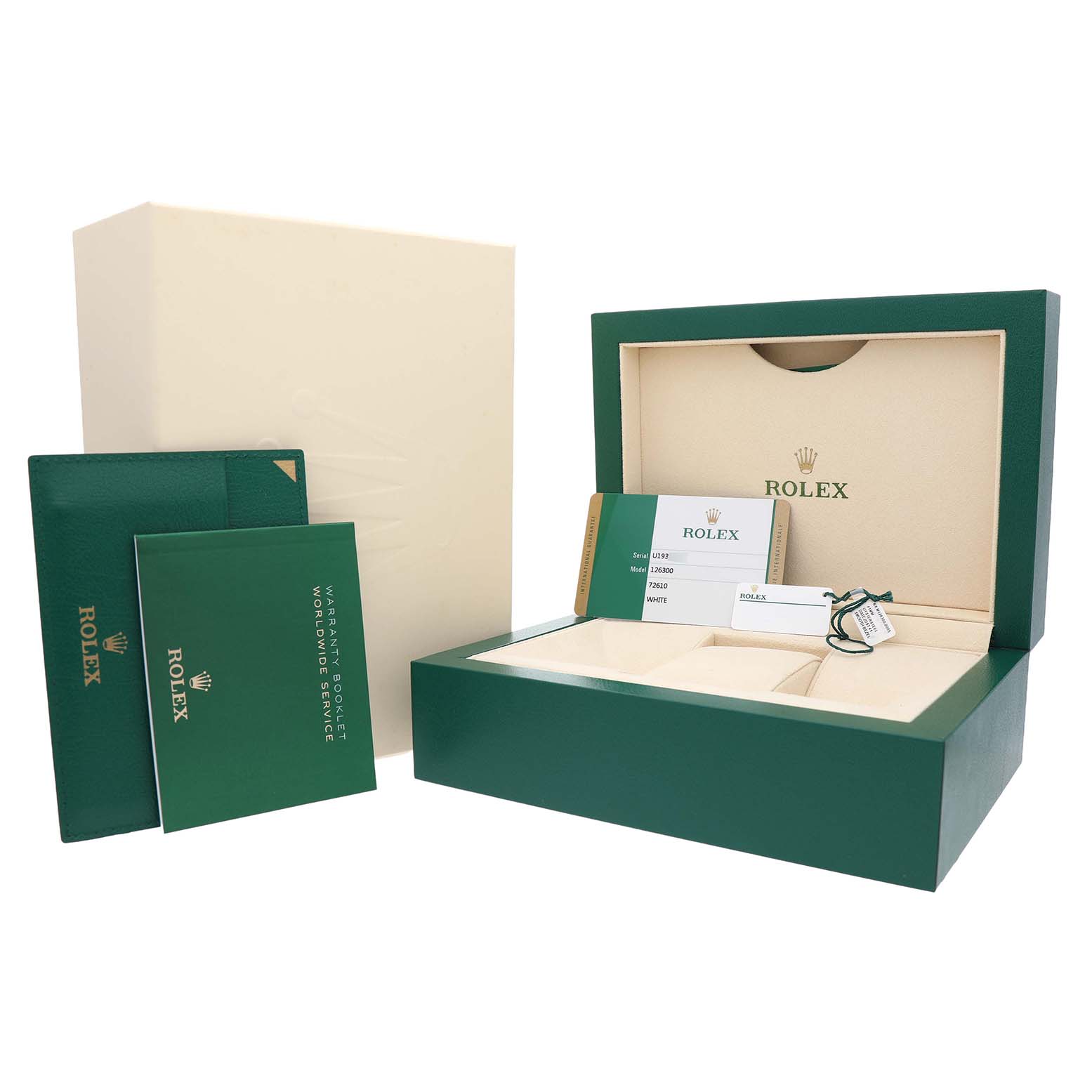 The image shows the packaging and accessories of the Rolex Datejust 41 126300 Men's Stainless Steel White Dial, including a green box, warranty card, and booklet.