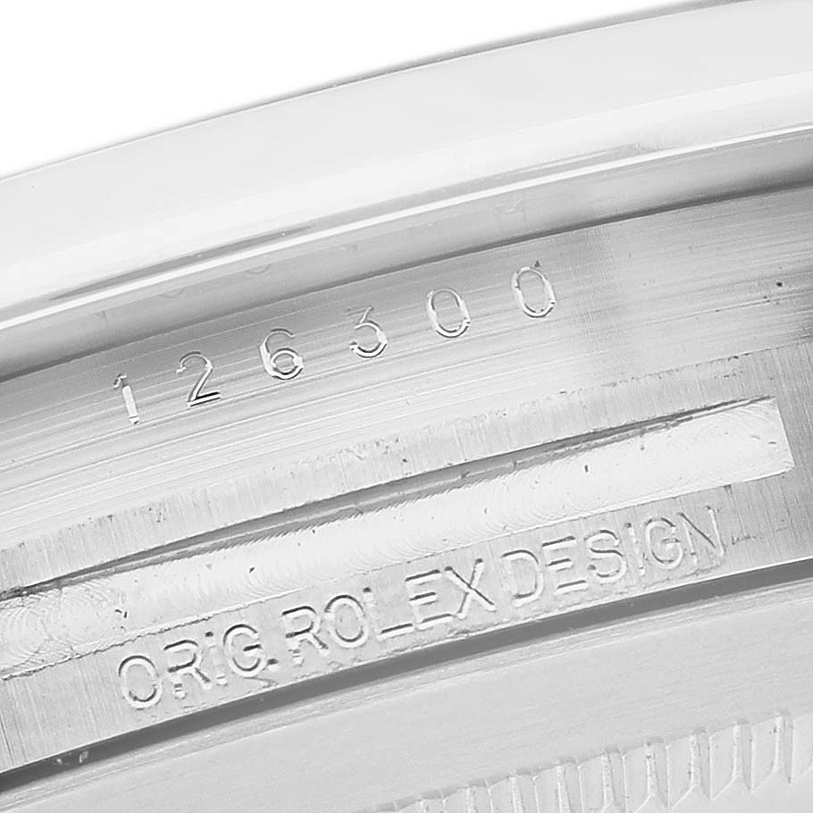 The image shows the inner case engraving of a Rolex Datejust 41 126300 Men's Stainless Steel White Dial, displaying the model number and "ORIG ROLEX DESIGN."