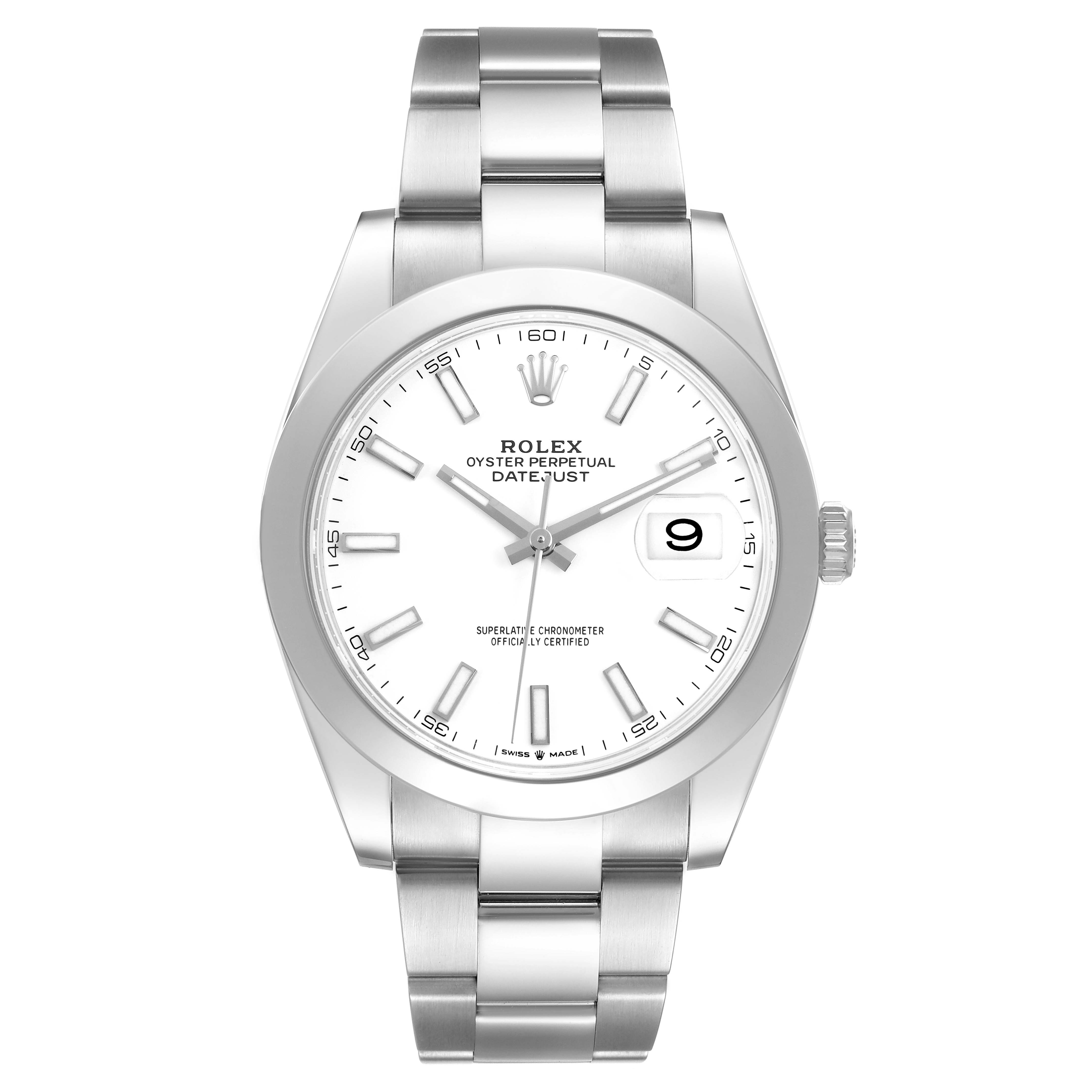The Rolex Datejust 41 126300 Men's Stainless Steel White Dial is shown from a front view, displaying its dial, hour markers, hands, bracelet, and cyclops lens over the date.