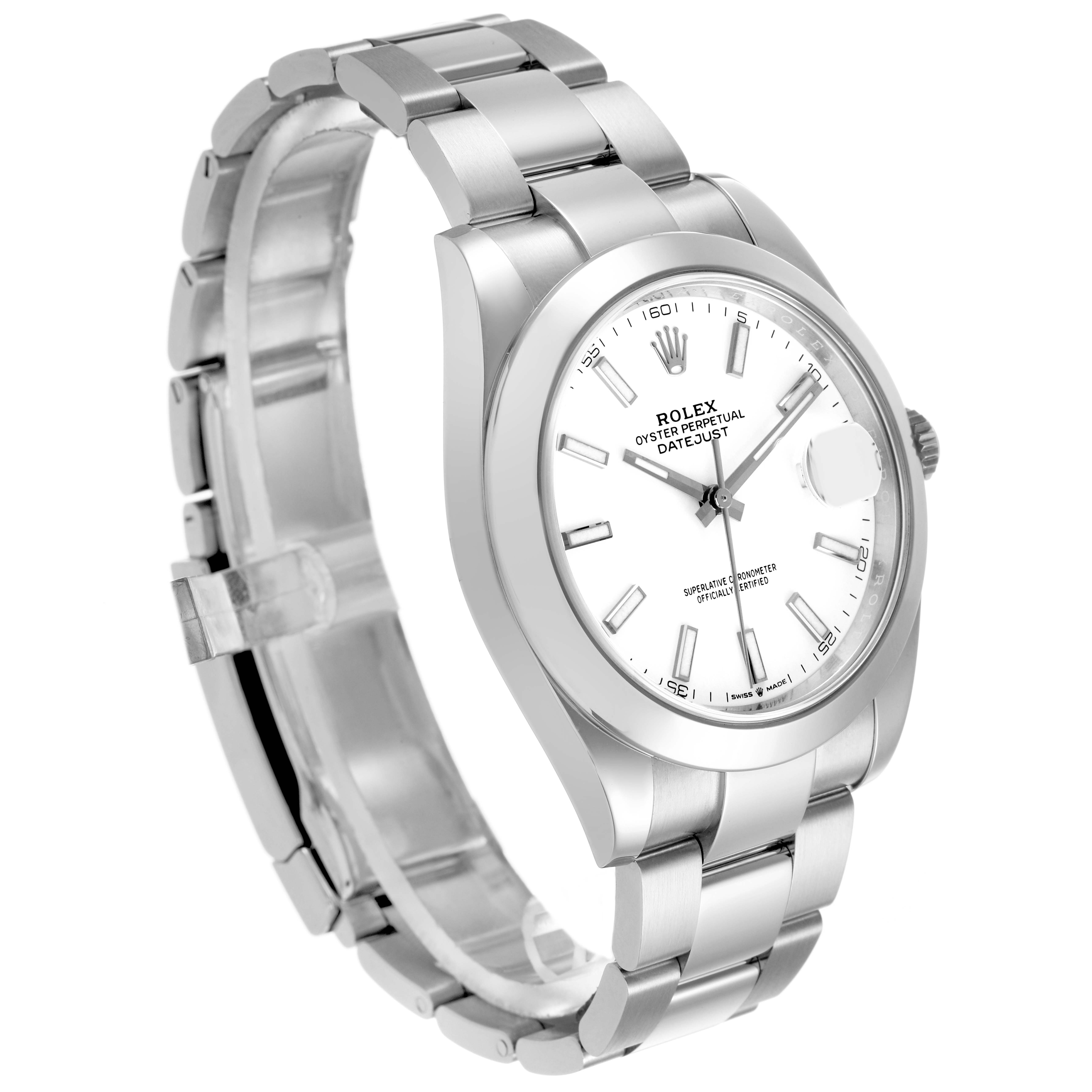 The Rolex Datejust 41 126300 Men's Stainless Steel White Dial is shown at a three-quarter angle, highlighting the face, bezel, and metal bracelet.