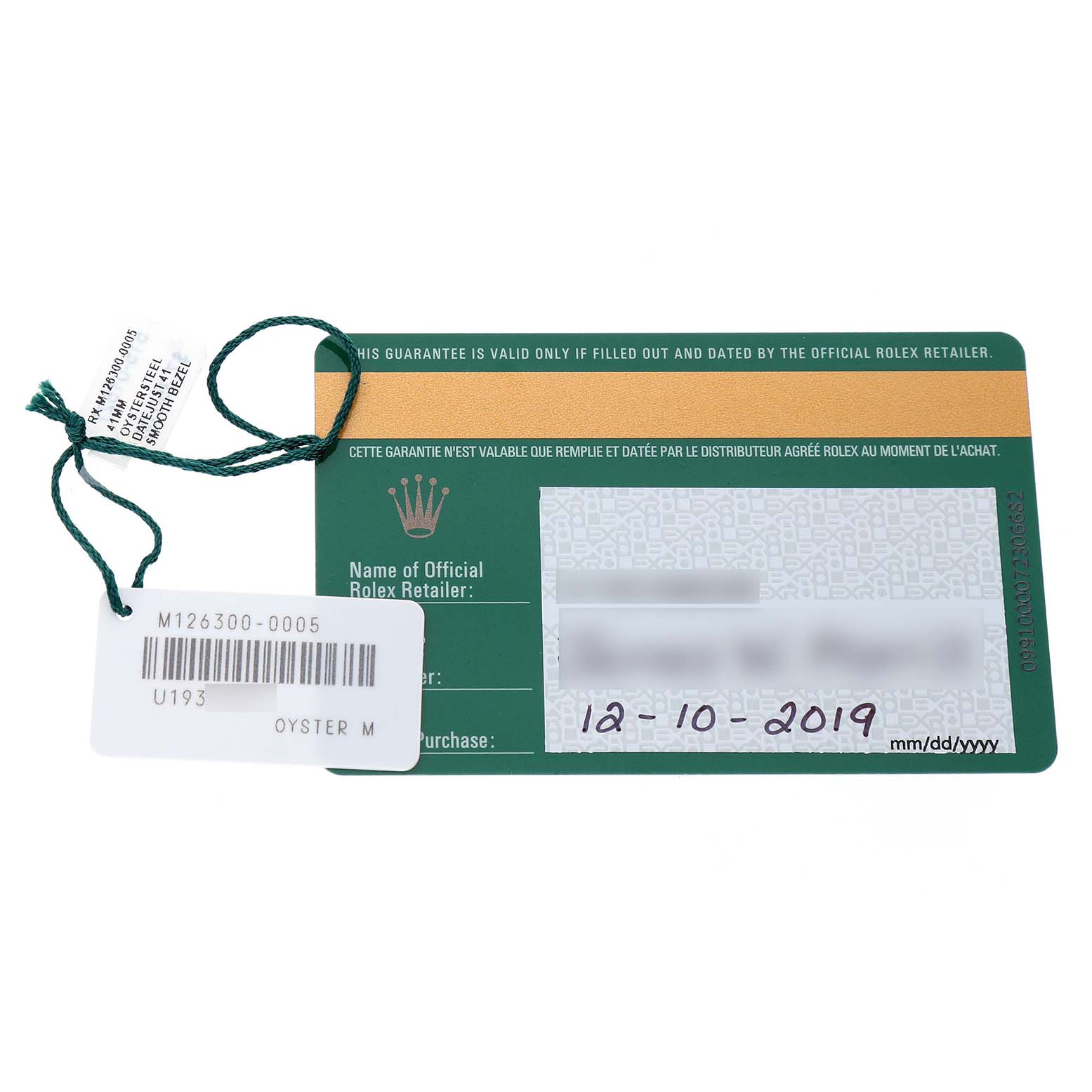 The image shows warranty and tag accessories for a Rolex Datejust 41 126300 Men's Stainless Steel White Dial, including a card and a tag with model details.