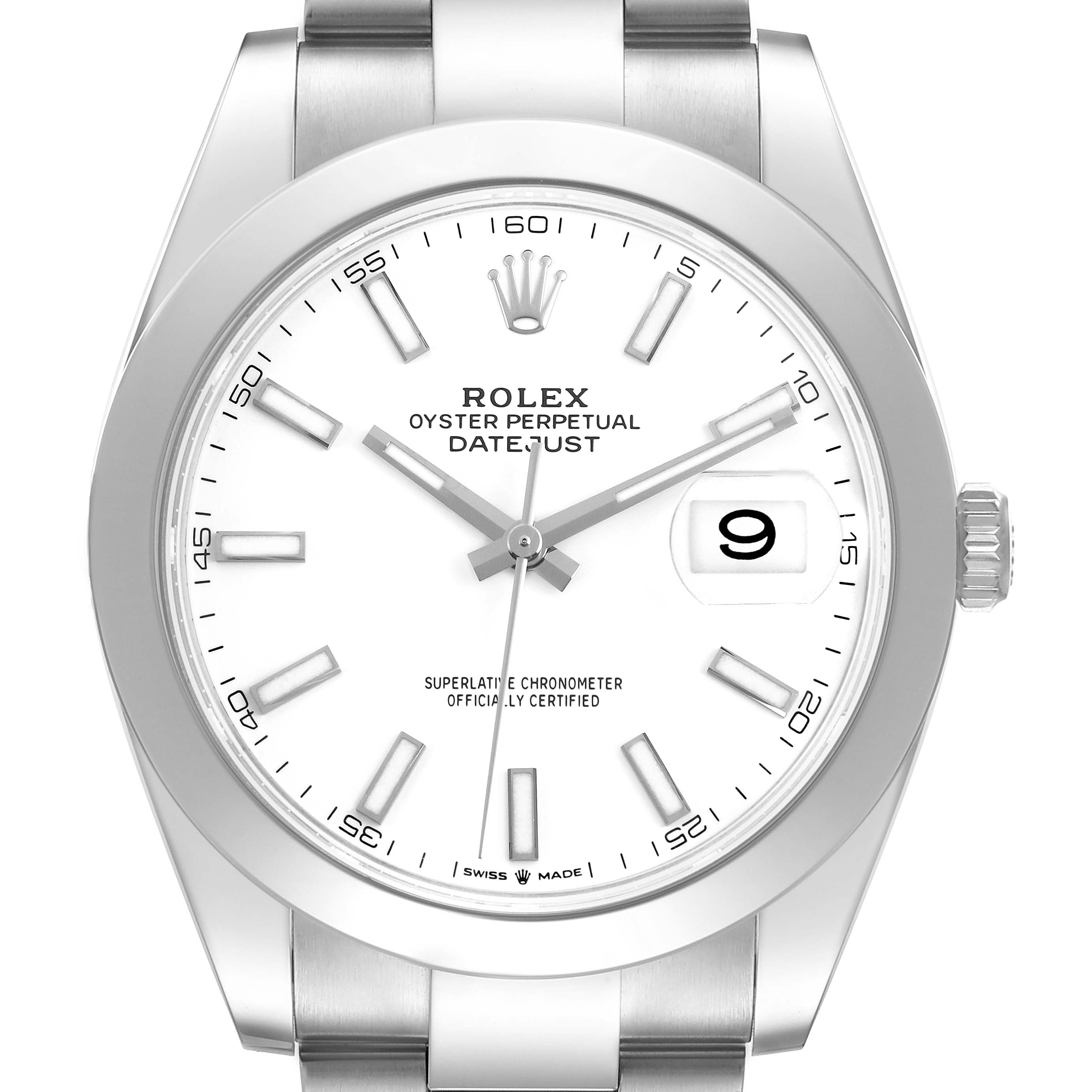 The watch, a Rolex Datejust 41 126300 Men's Stainless Steel White Dial, is shown from a front angle displaying the dial, bezel, and part of the bracelet.