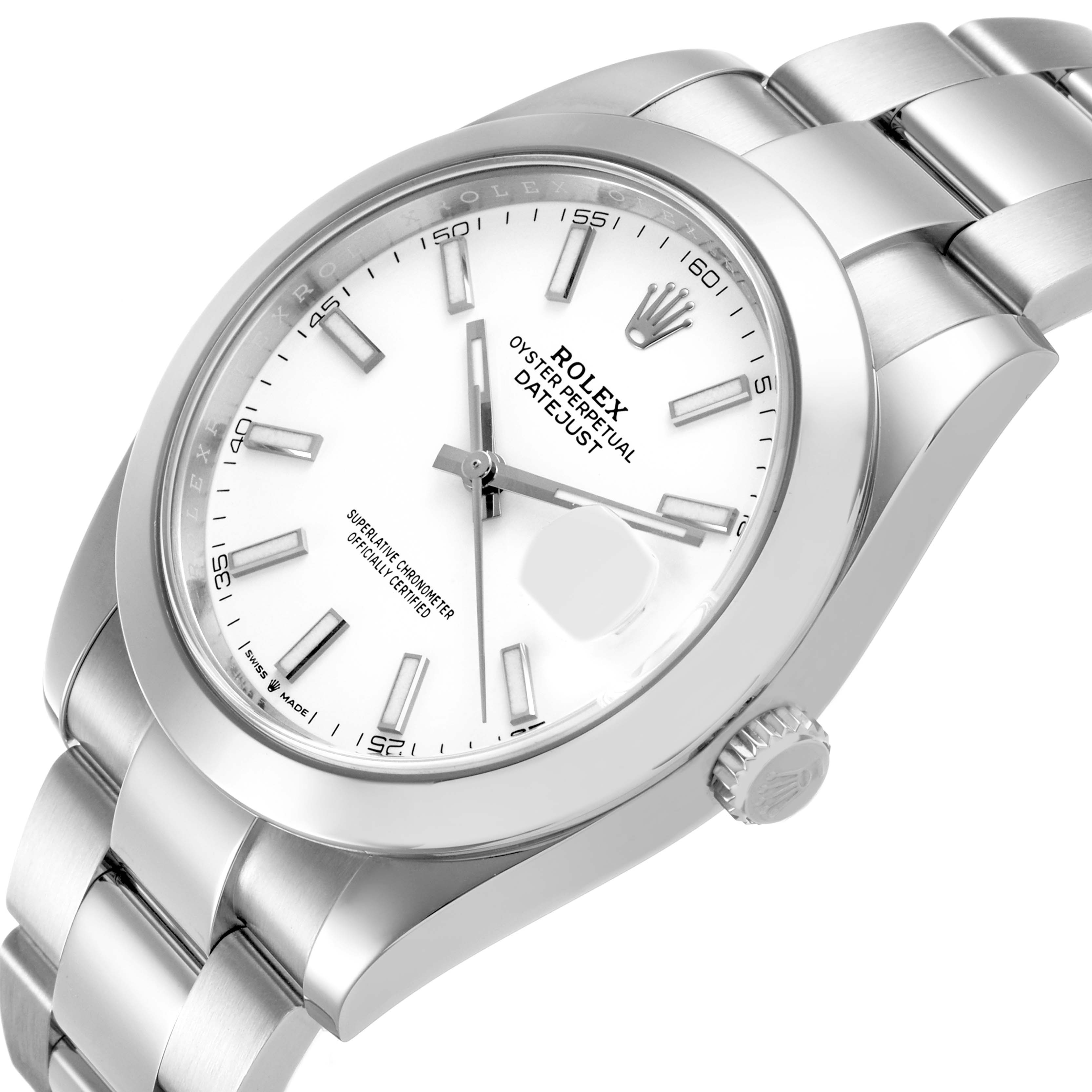 The Rolex Datejust 41 126300 Men's Stainless Steel White Dial is shown at an angled view featuring its dial, bezel, crown, and bracelet.