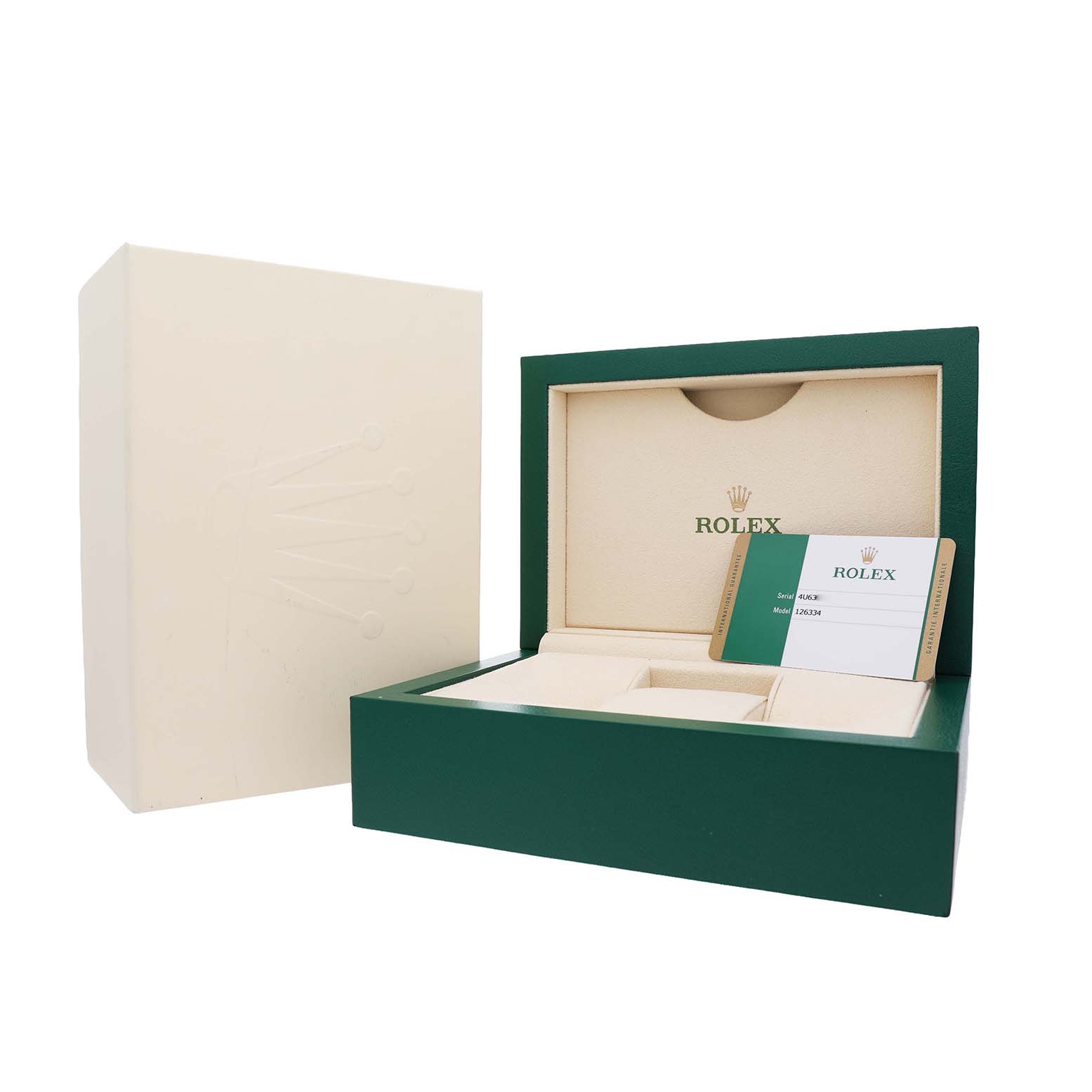 The image shows the open box and warranty card of a Rolex Datejust 41 126334 Men's Steel and Gold (two tone) Blue Dial, without the watch inside.