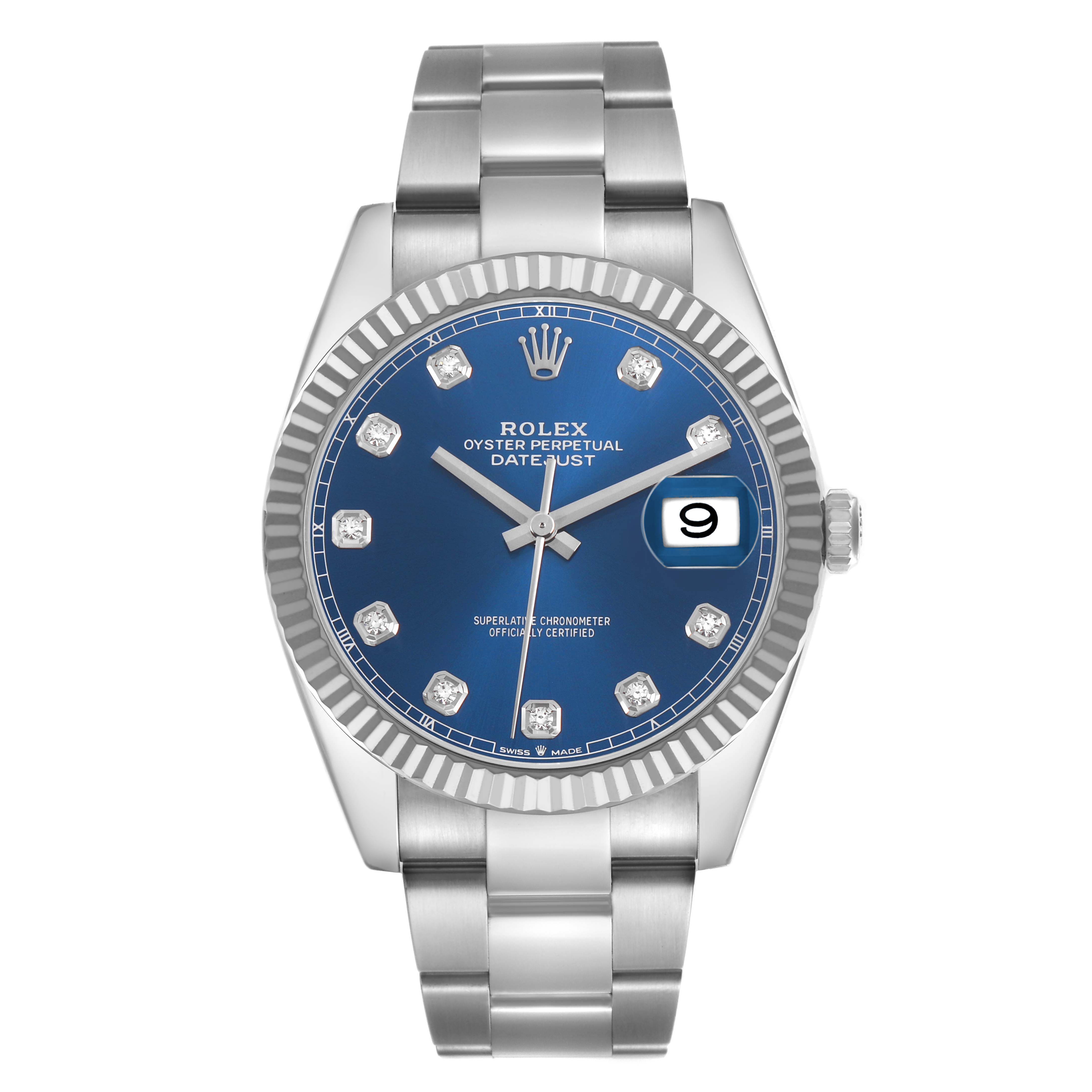 The Rolex Datejust 41 126334 Men's Steel and Gold (two tone) Blue Dial watch is shown from a front angle, highlighting its blue dial, fluted bezel, and Oyster bracelet.