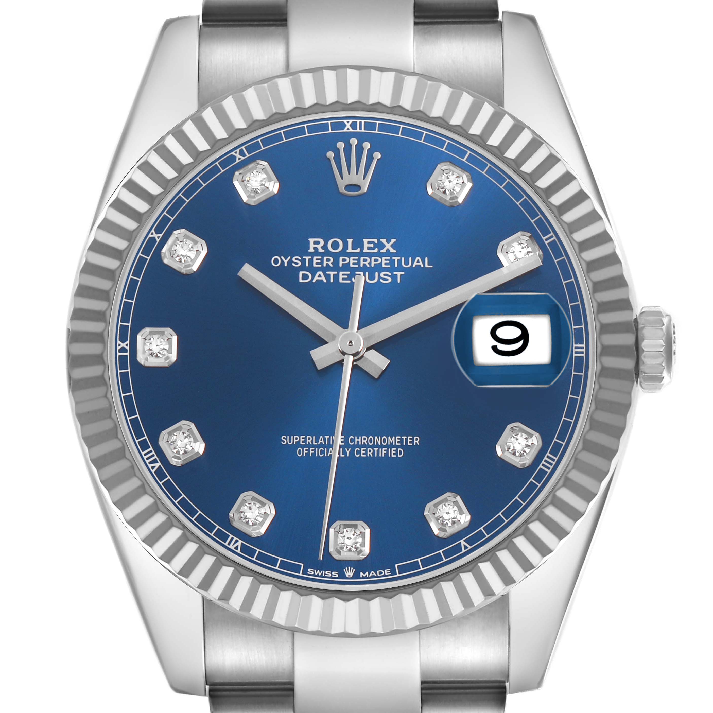 The Rolex Datejust 41 126334 Men's Steel and Gold (two tone) Blue Dial is shown from a front angle, highlighting its blue dial, fluted bezel, and date display.