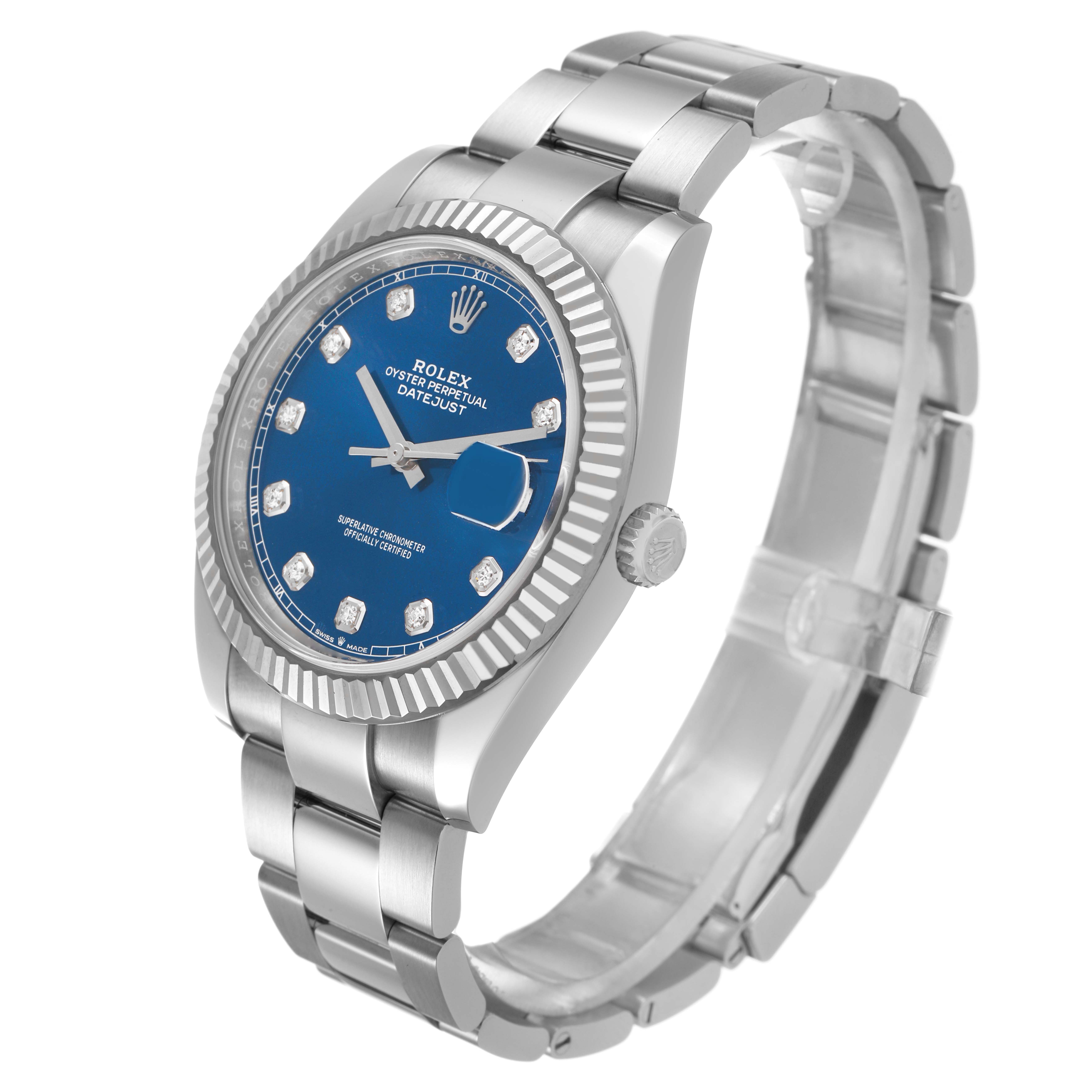 The Rolex Datejust 41 126334 Men's Steel and Gold (two tone) Blue Dial watch is shown at a slight angle, displaying the blue dial, fluted bezel, and stainless steel bracelet.