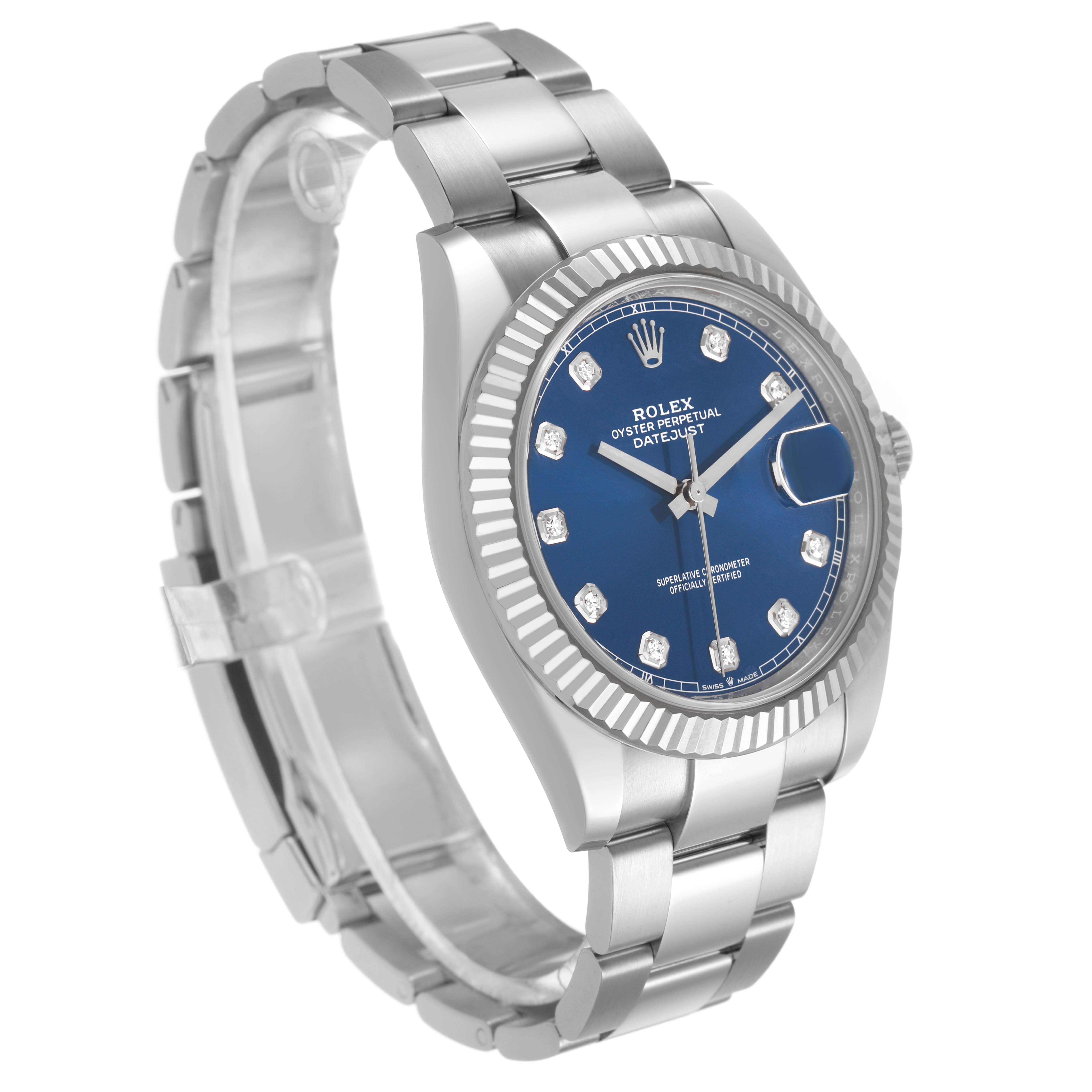 The Rolex Datejust 41 126334 Men's Steel and Gold (two tone) Blue Dial is shown at a three-quarter angle, highlighting the blue dial, bracelet, and fluted bezel.